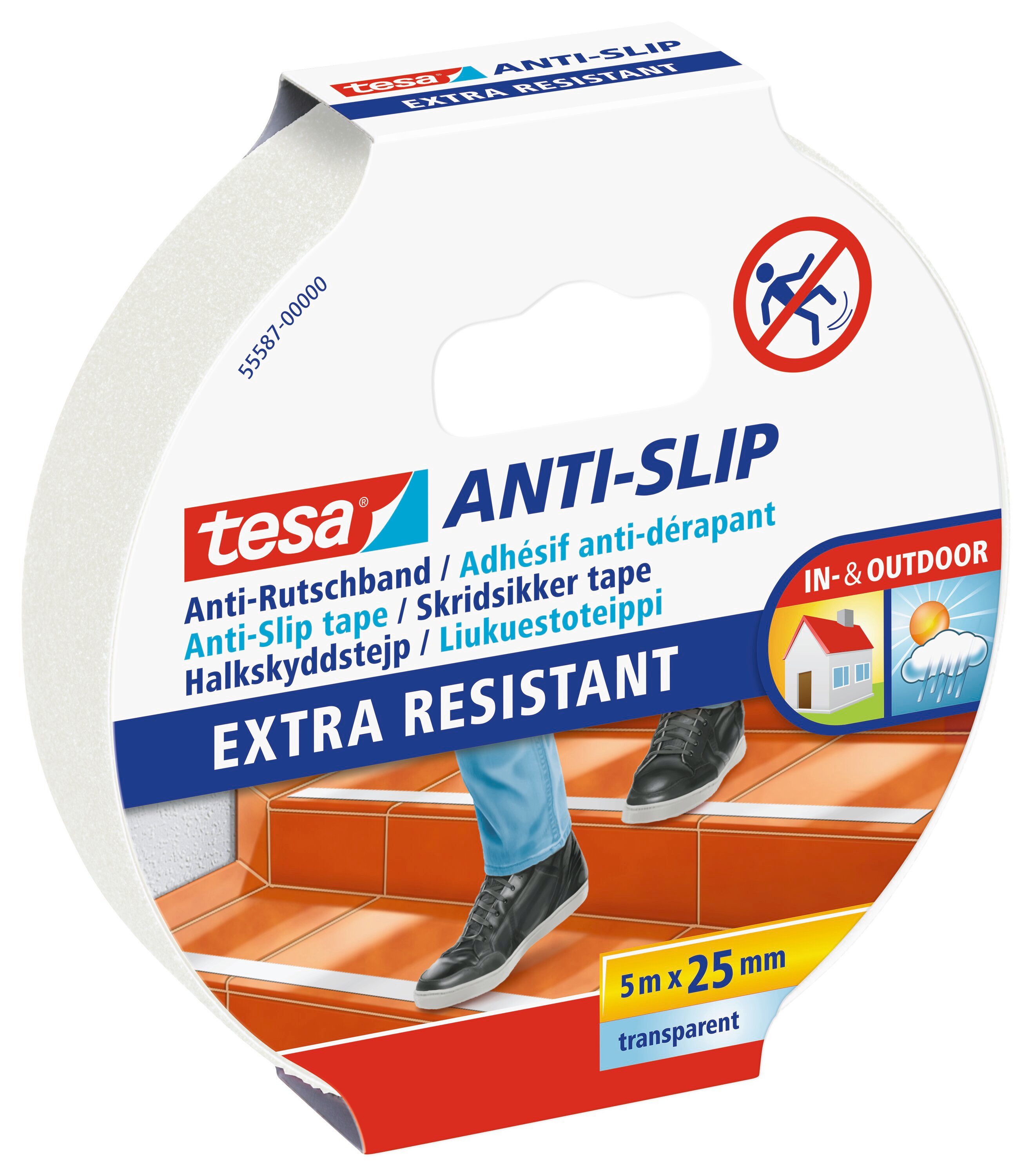 tesa Verlegeband ANTI-SLIP Economy Gewebeband - transparent - 5 m : 25 mm (Packung, 1-St) Anti-Rutsch Klebeband - für Indoor & Outdoor geeignet