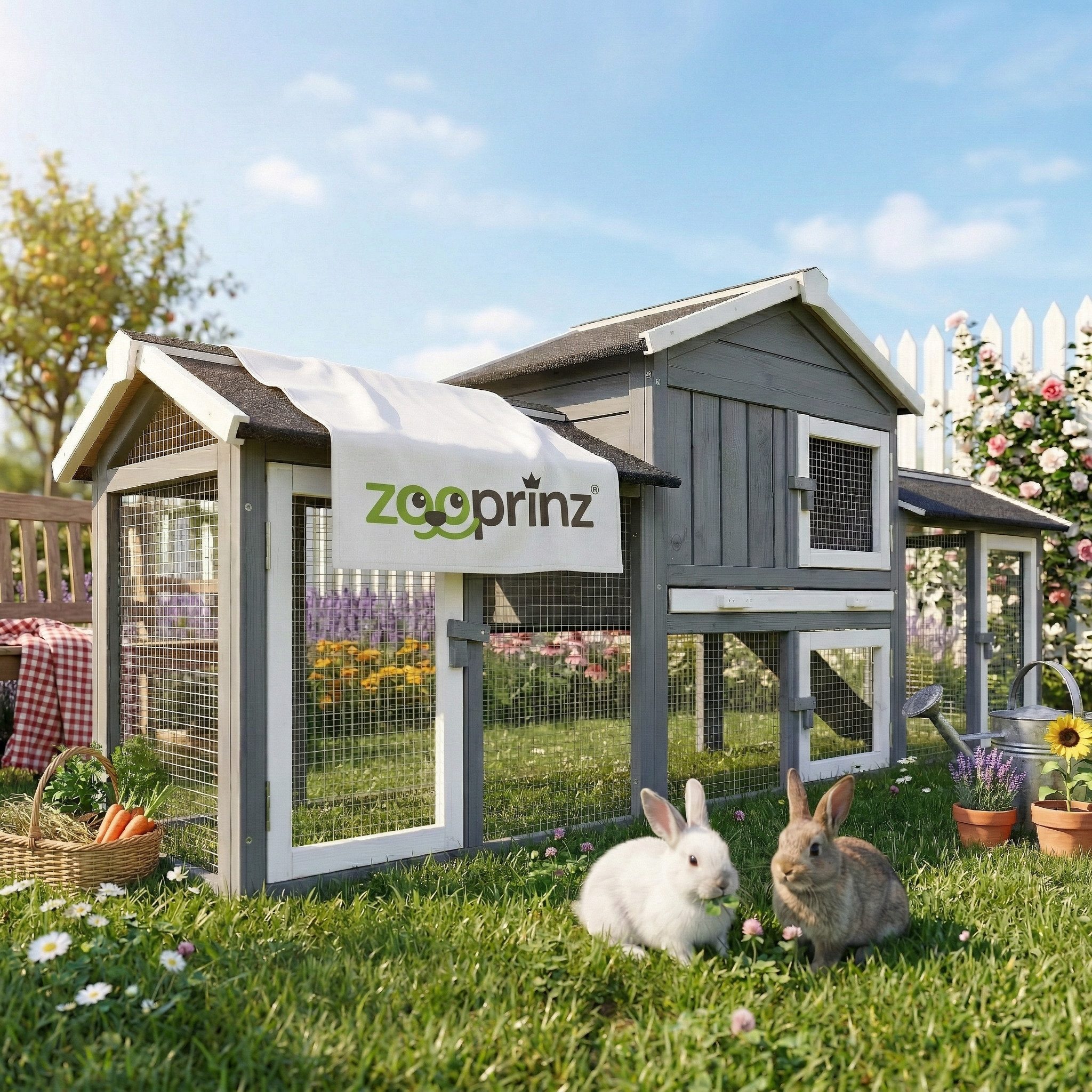 Zooprinz Kleintierstall Don Camillo mit Doppelauslauf 210x85,5x54 cm (BxHxT), Lasiertes Kiefernholz, Bitumendach