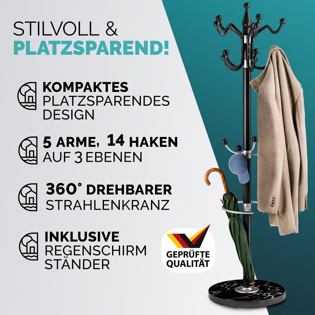 Casaria Kleiderständer, Marmorsockel Metall 14 Haken 360° Drehbar Stabil Modern 37x37x175cm