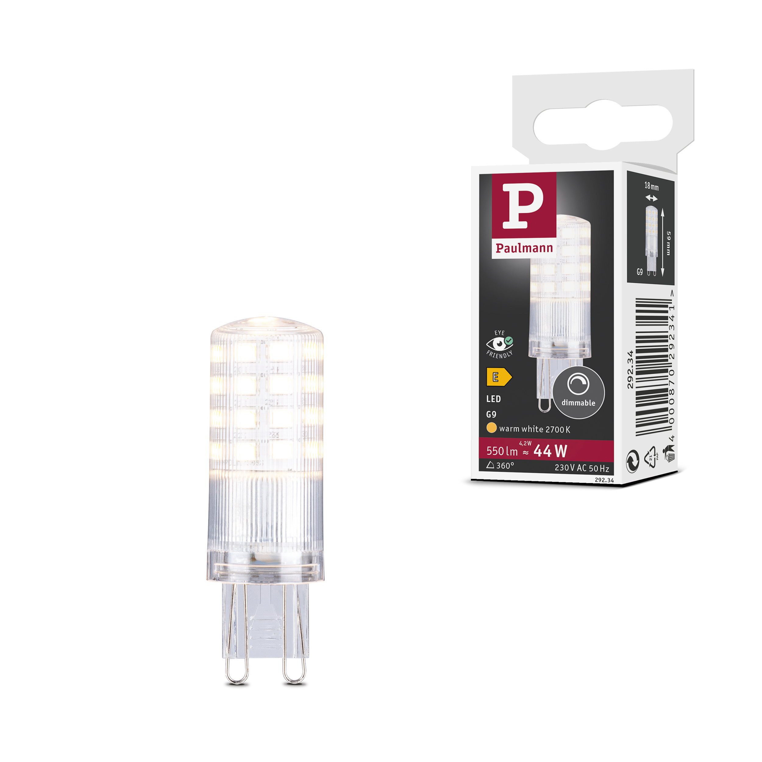 Paulmann LED-Leuchtmittel Standard 230V LED Stiftsockel G9 550lm 4,2W 2700K dimmbar Klar, G9, 1 St.