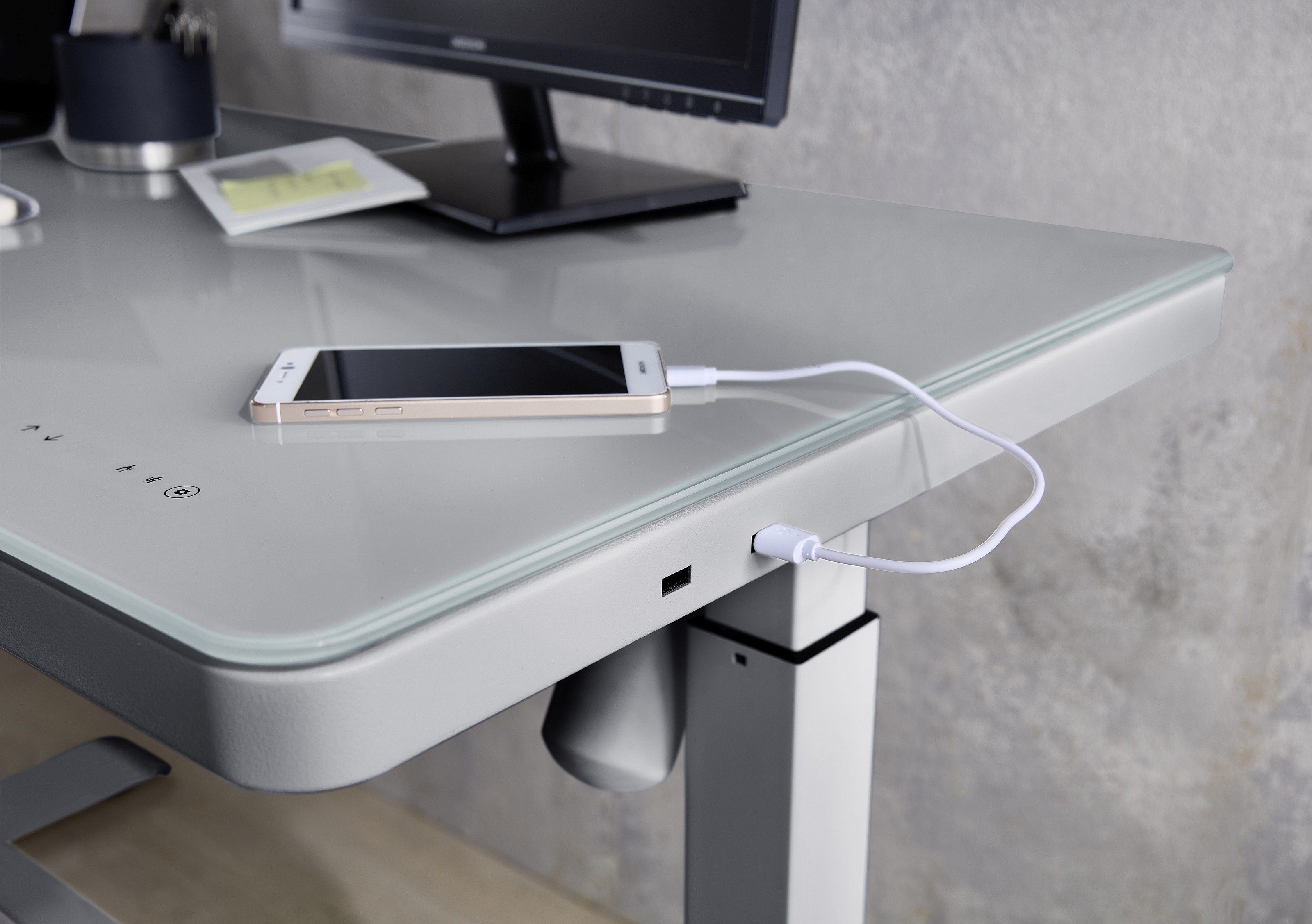 2 möbelando LIFT mit Abmessungen aus in Schreibtisch USB-Ports), USB-Ports höhenverstellbar einer (mit grau Glas (BxHxT) Schublade. cm 2 120x72x60 mit