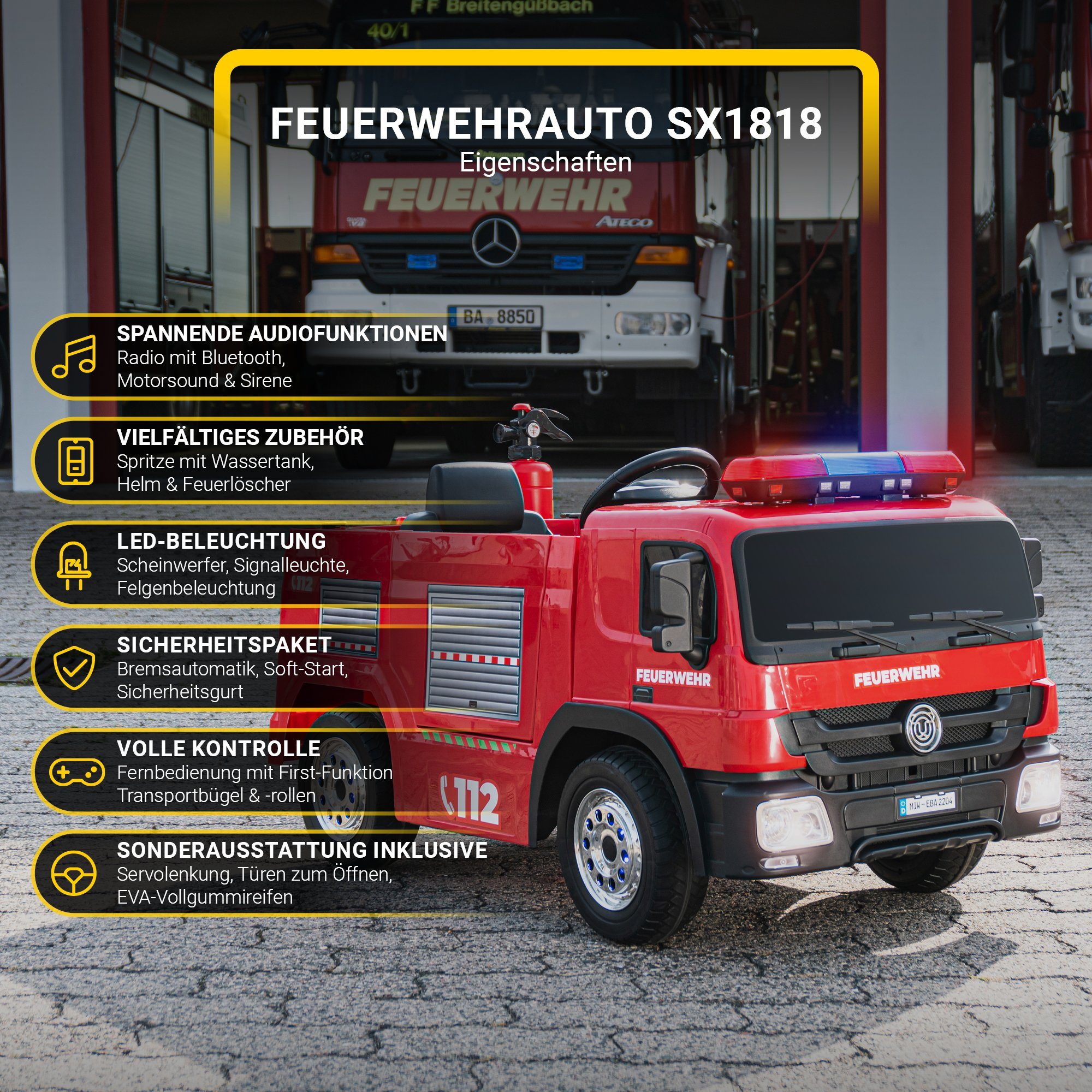 Actionbikes Motors Electric Children's Car Children's Car Fire Department SX1818 Electric Remote Control Water Sprayer Load Capacity 40 kg (4 Pieces) Children's Vehicle Toy from 3 Years Electric - Siren & Bluetooth