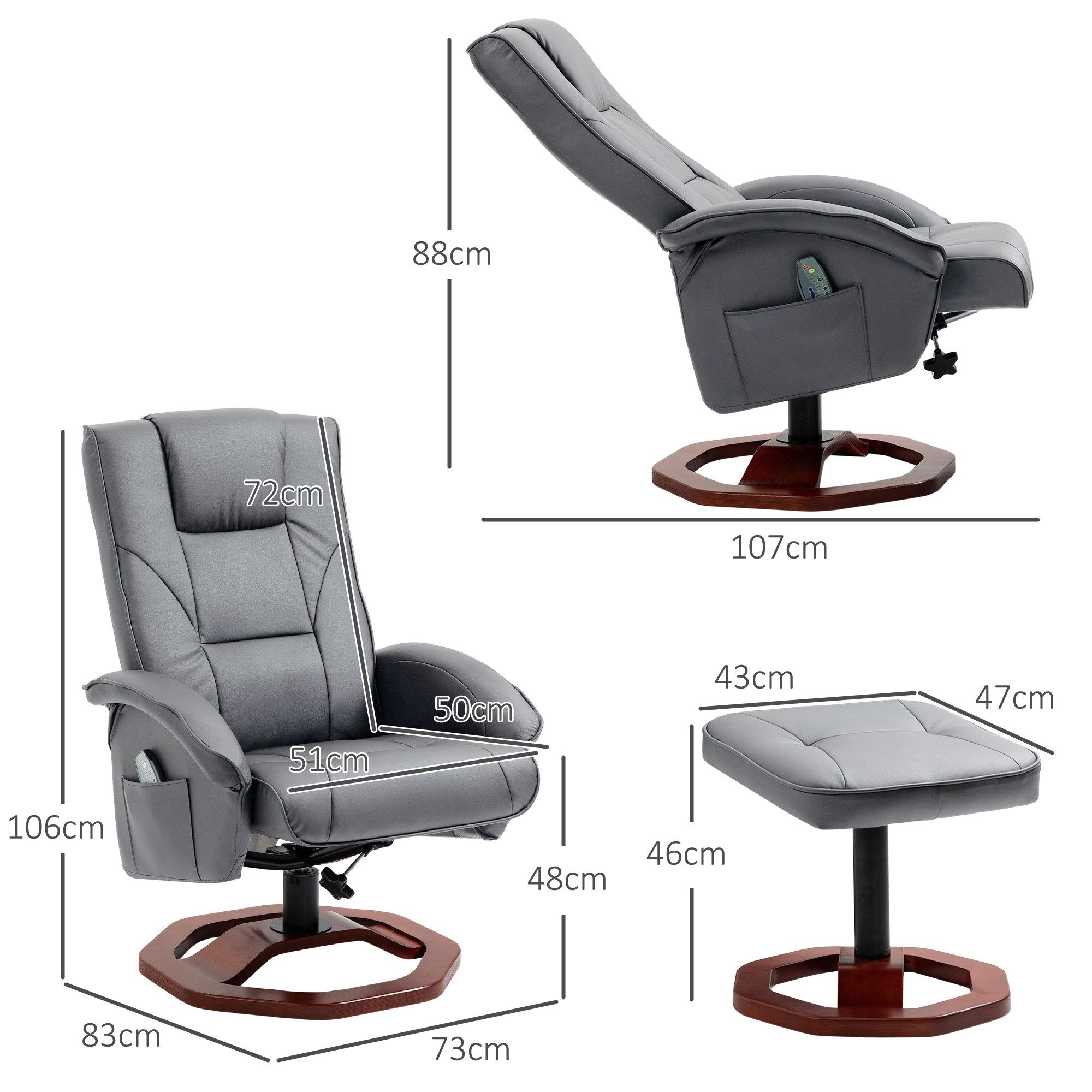HOMCOM Massagesessel mit Hocker, Seitentasche, Stauraum, Liegefunktion 360° drehbar (Relaxsessel, 1-St., Fernsehsessel), Kunstleder 73 x 83 x 106cm Dunkelgrau