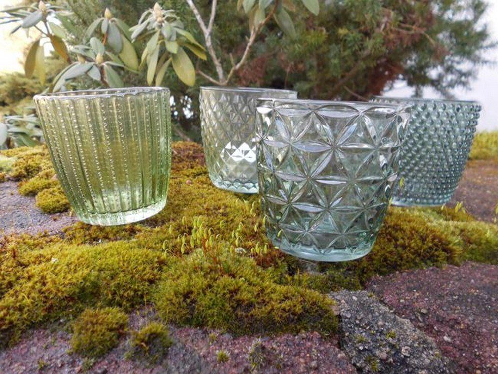 Deko-Impression Teelichthalter Windlichtgläser 4er-Set Teelichthalter grün Glas (4 St) verziert Windlicht