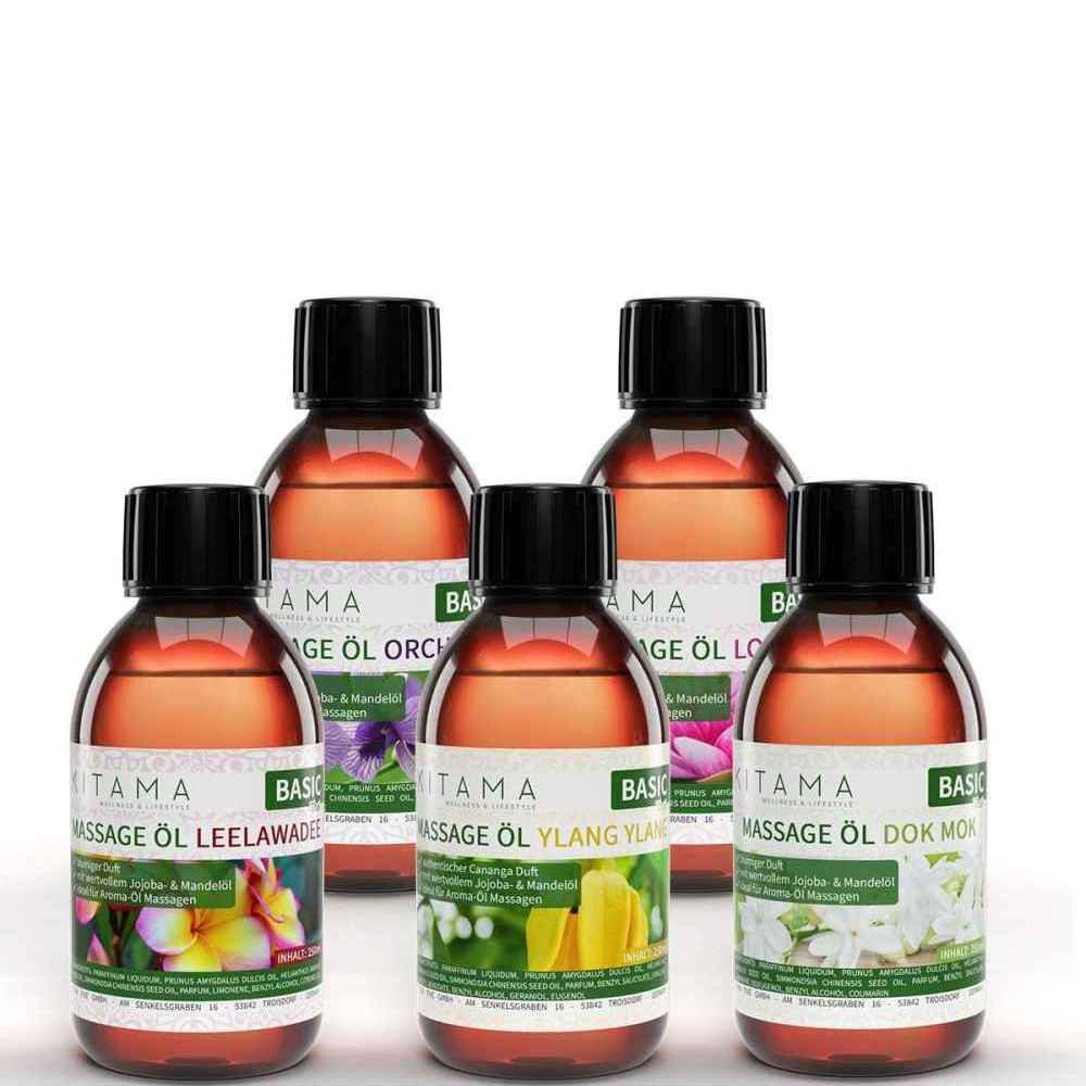 Kitama Massageöl mit Aroma Set, 5 Düfte: Lotus Orchidee Dok Mok Ylang Ylang Leelawadee 5 x 250ml