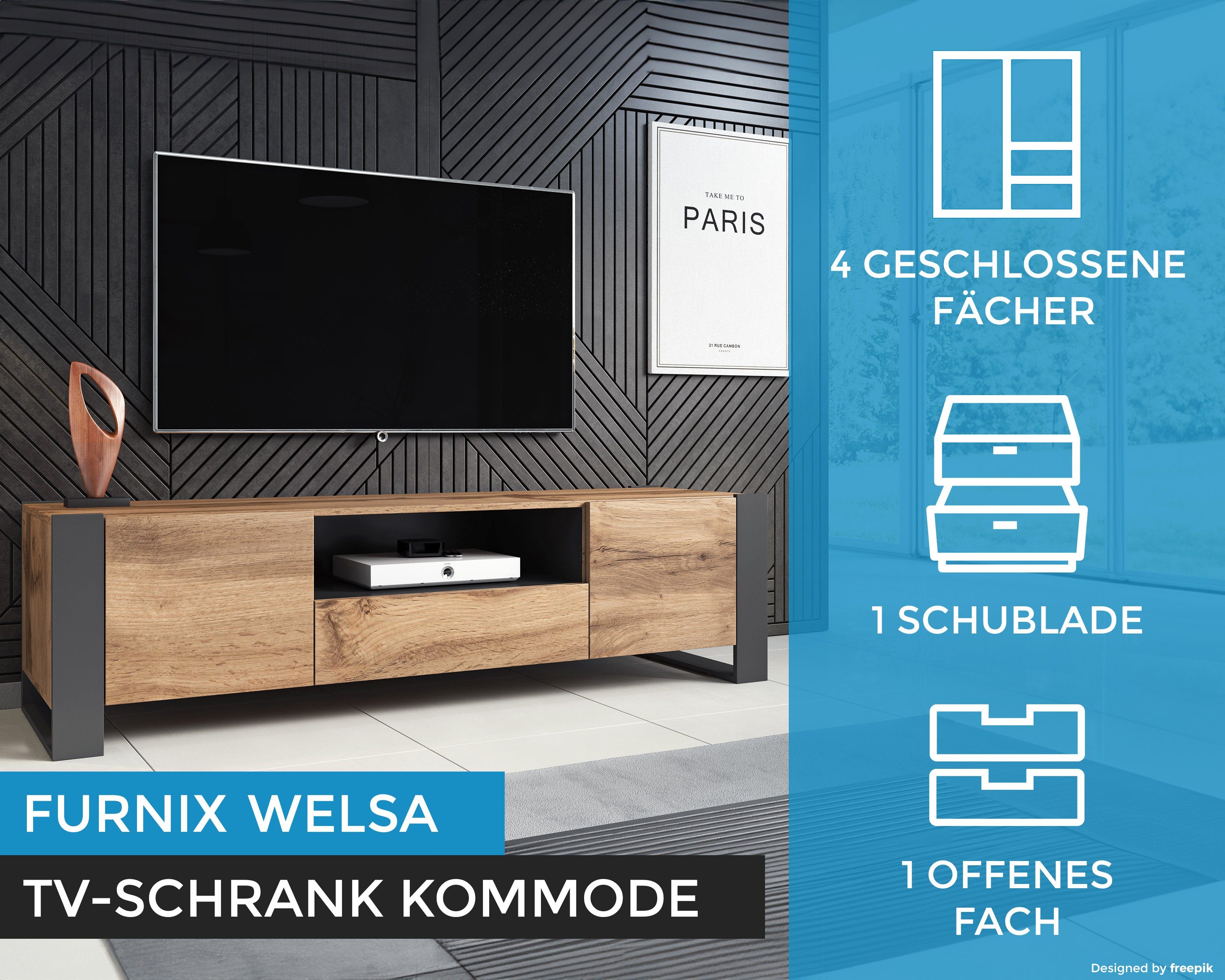 H48 TV-Schrank Wotan/Anthrazit WELSA Furnix B180 Türen Lowboard x Schublade mit und cm x T44