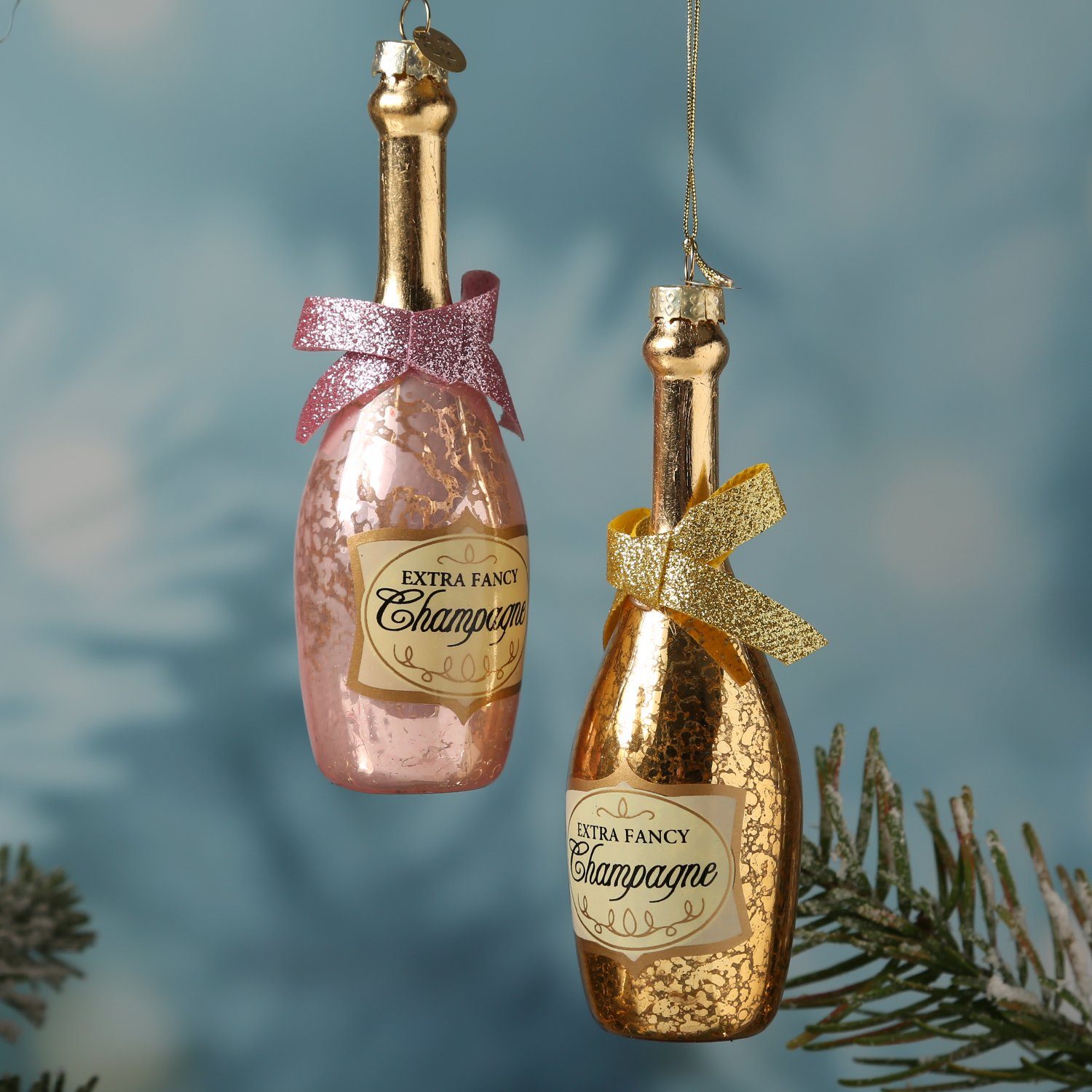 H: CHAMPANGER Glas Weihnachtsbaumschmuck Christbaumschmuck gold Flasche 13,5cm MARELIDA