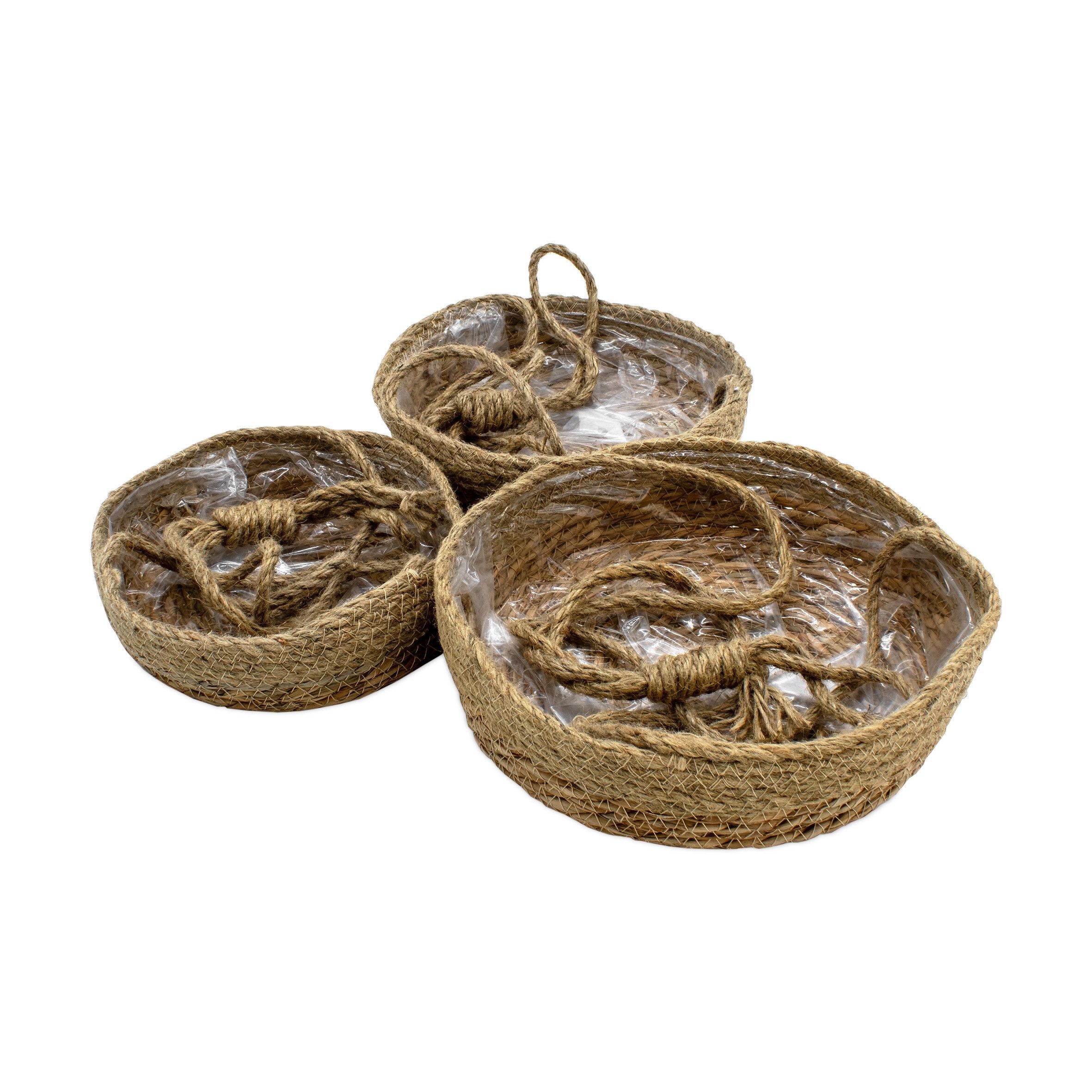 Spetebo Blumenampel aus Seegras mit Folie - Ø 25 / 23 / 21 cm - Geflochtener Blumentopf (3er Set, 1 St., Seegras Pflanztöpfe), eingearbeiteter Folie