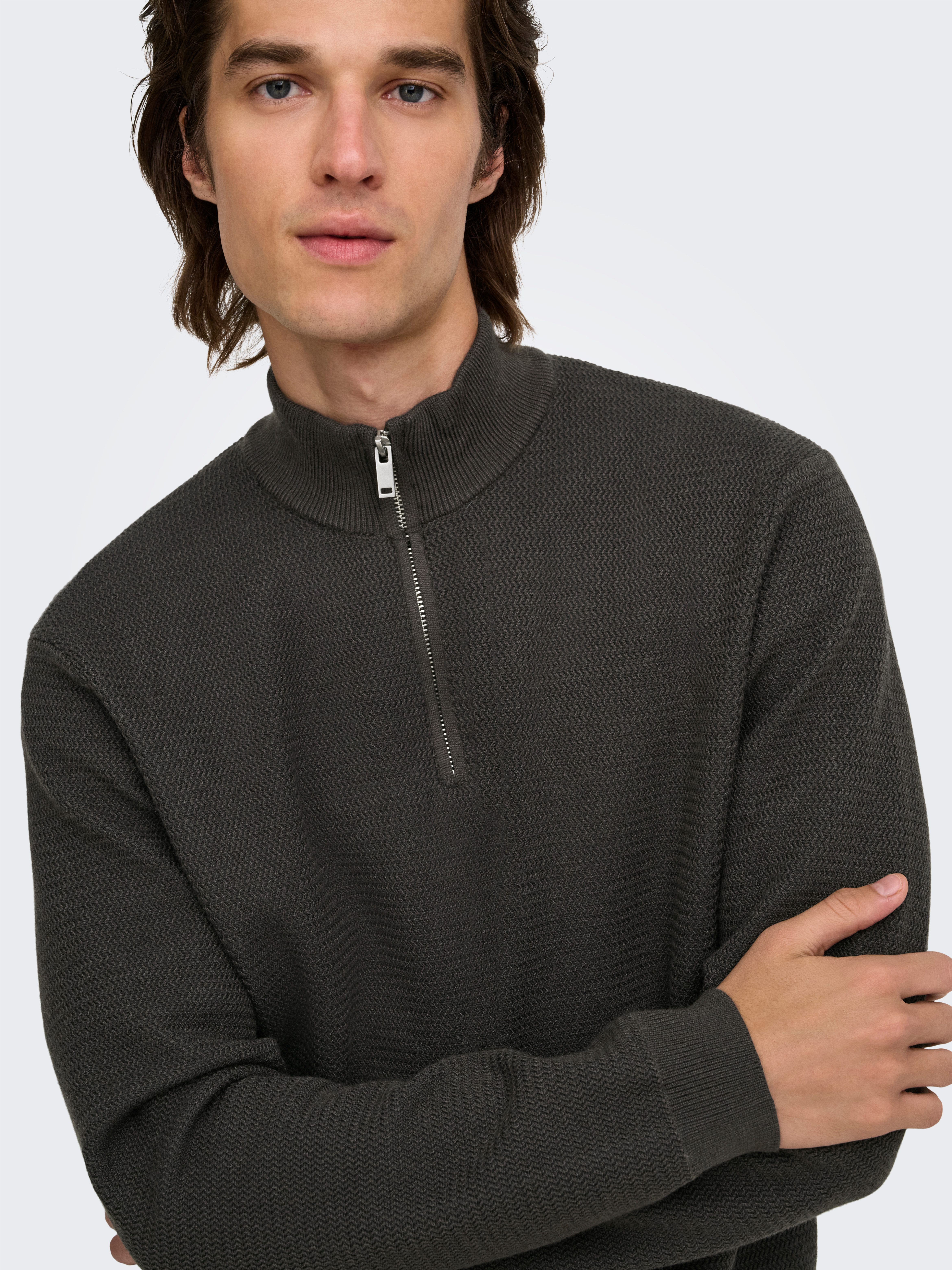ONLY & SONS Troyer ONSCARTER REG JAQUARD 1/2 ZIP OTL Viskosemischung, regular fit – Bild 3 von 5