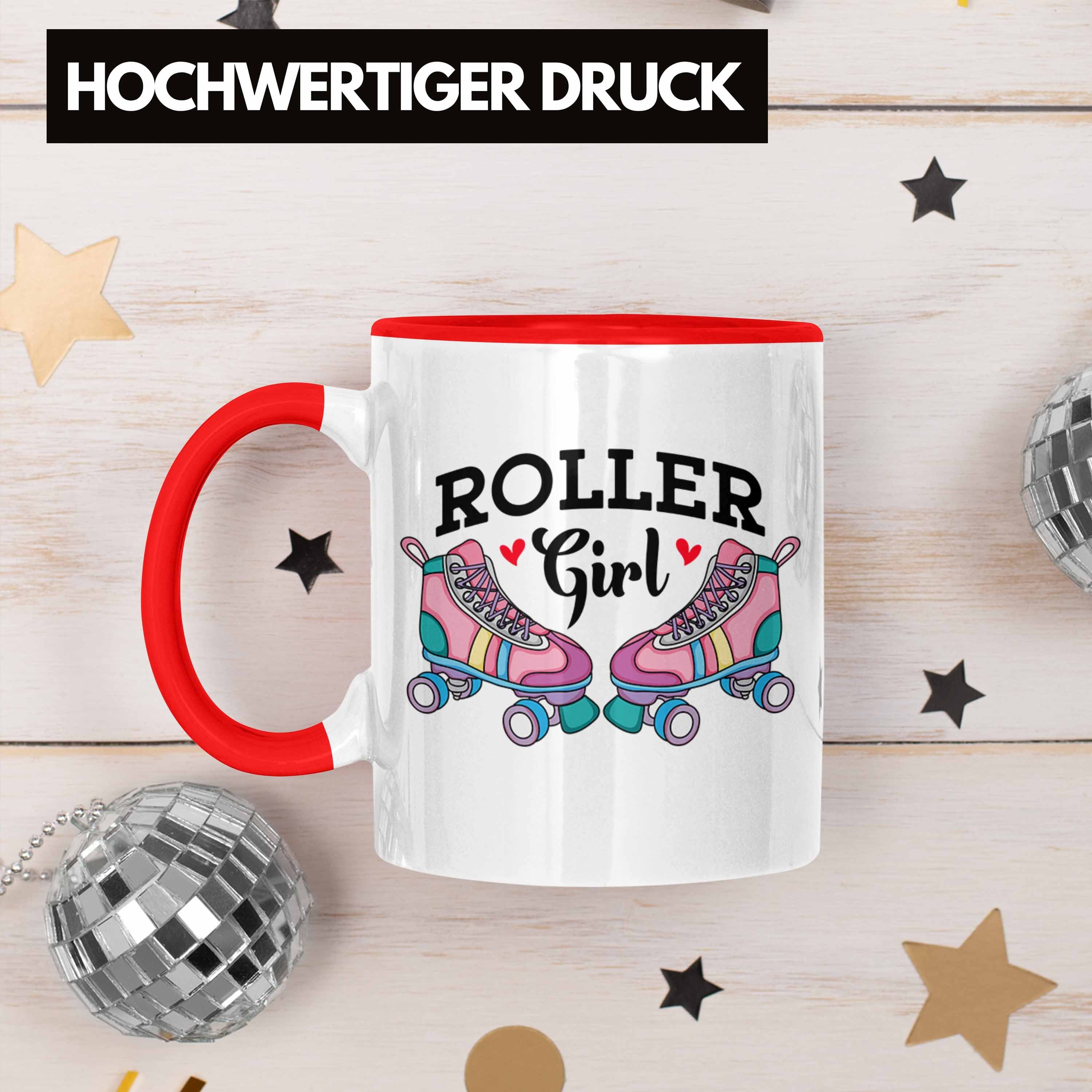 Trendation Tasse "Roller Girls für Nostalgie Rollschuh Rot 80er Girl" Geschenk Tasse Roller