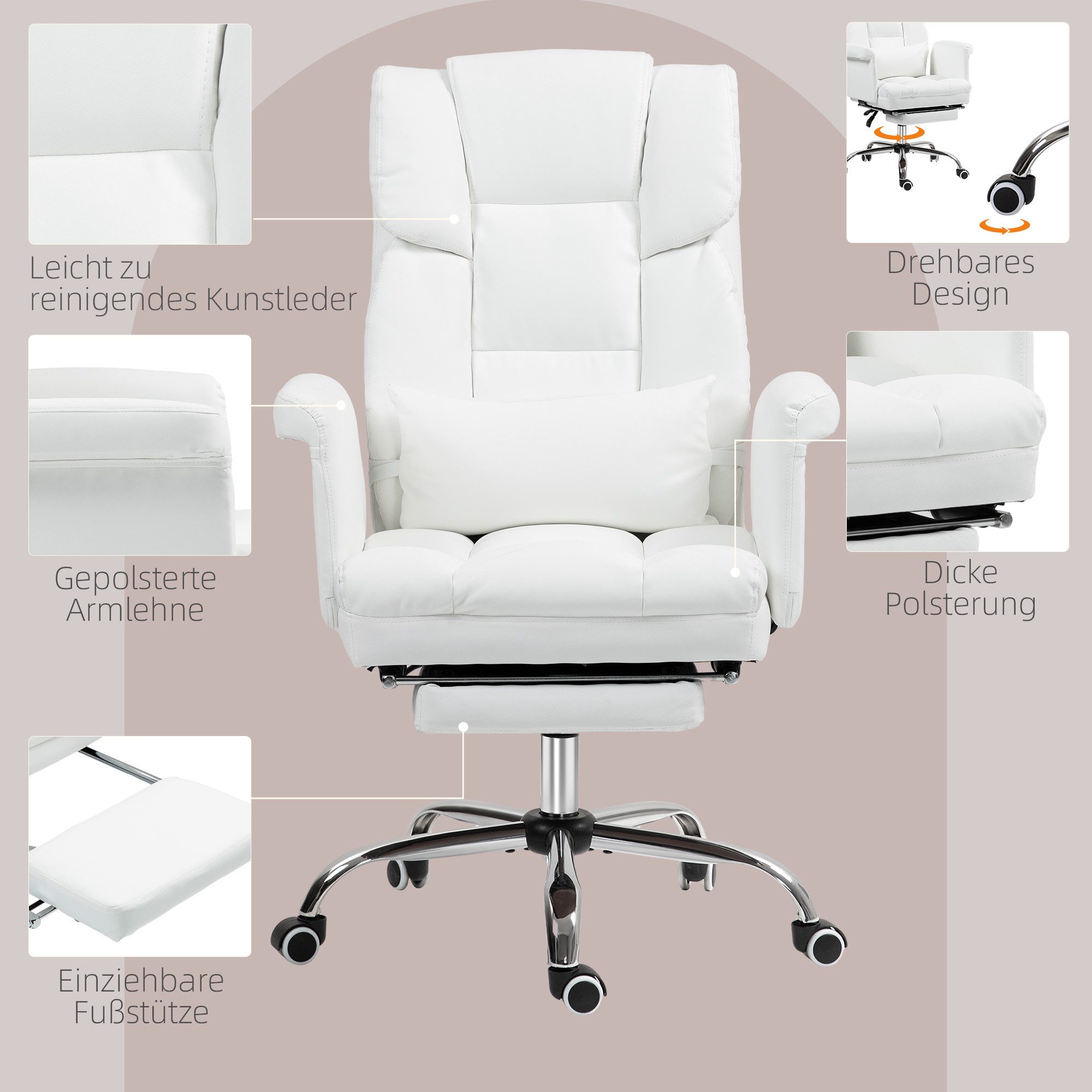 HOMCOM Schreibtischstuhl Bürostuhl Ergonomischer mit Lendenwirbelstütze, Drehstuhl (Computerstuhl, 1 St), für Home-Office, Kunstleder, Weiß – Bild 5 von 5