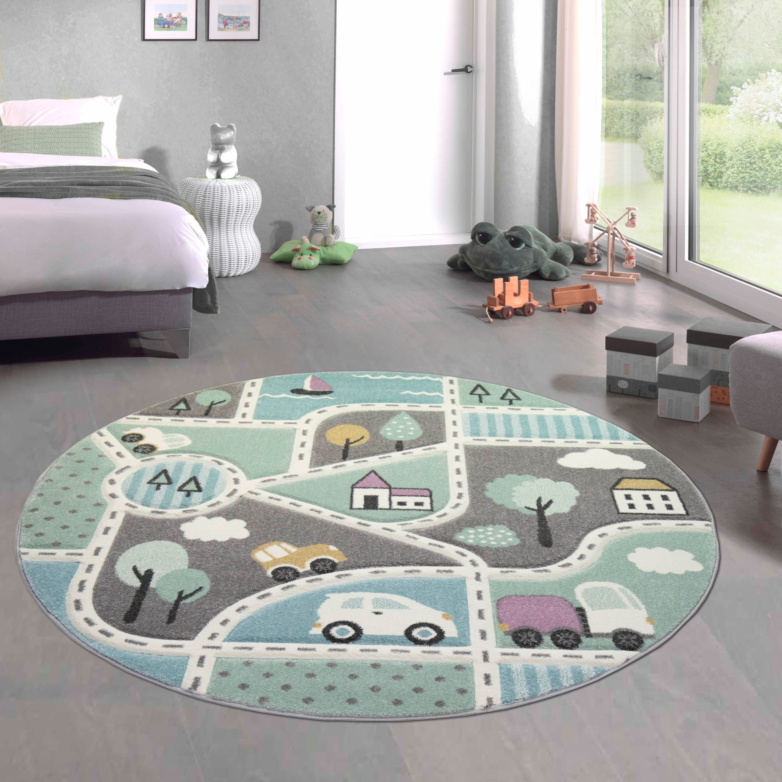 Carpetia Kinderteppich Verspieltes Motivdesign, rund, Höhe: 13 mm, pflegeleicht, strapazierfähig, handgearbeiteter Konturenschnitt