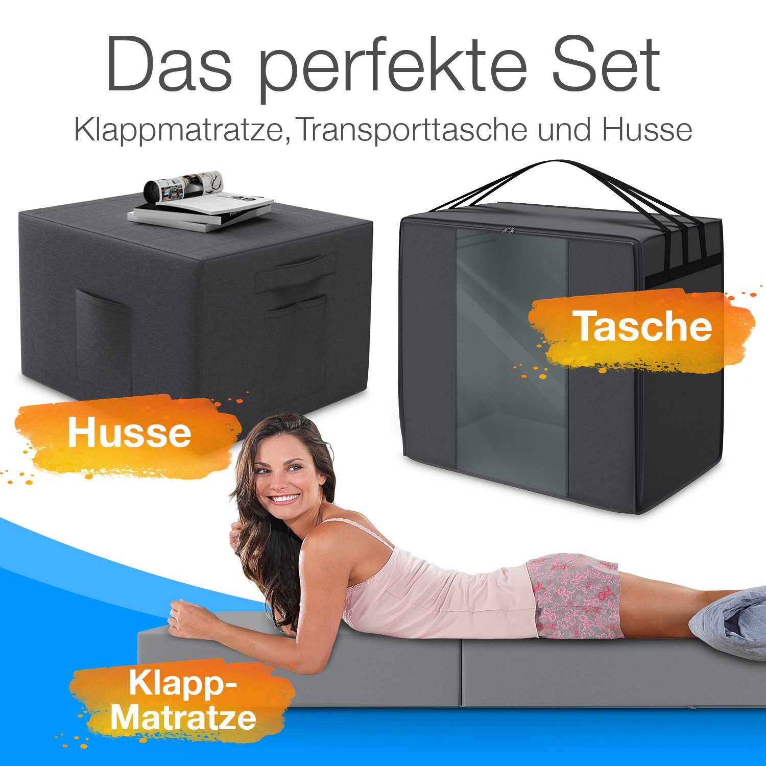 Klappmatratze Spar-Set inkl. Husse & Transporttasche, ELONEO, 15 cm hoch, versch. Größen & Farben