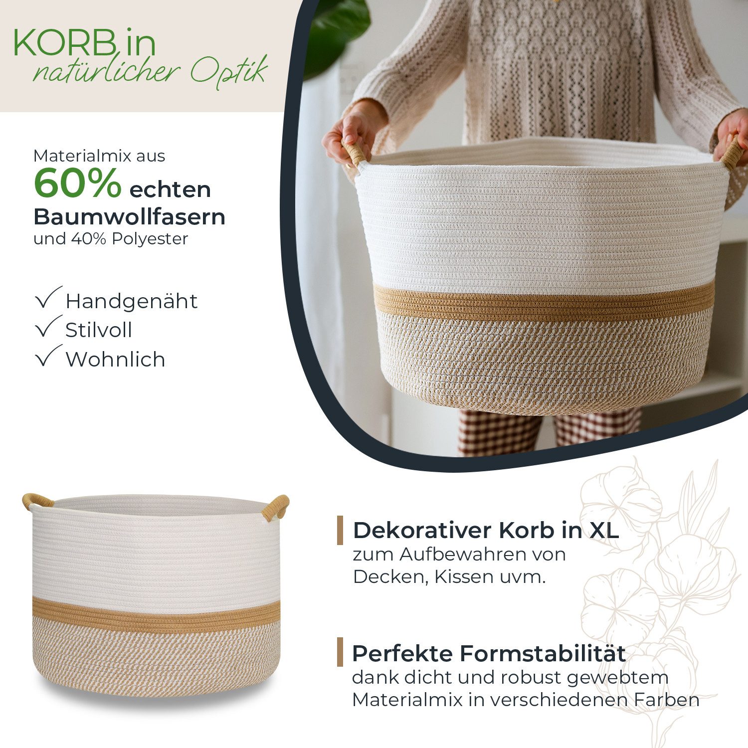 HMF Aufbewahrungskorb Aufbewahrungskorb mit verstärkten Griffen, großer Korb aus Baumwolle, 50 x 33 cm, Weiß-Braun – Bild 2 von 5