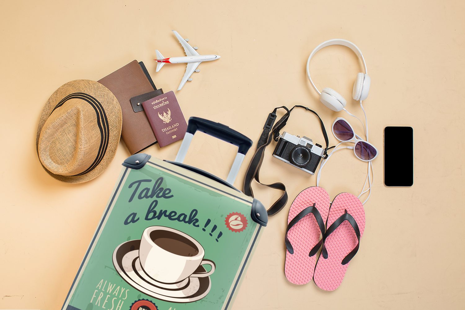 Handgepäckkoffer MuchoWow Reisekoffer Reisetasche Trolley, Kaffee - Jahrgang Rollen, mit Zitat, 4 Ferien, Handgepäck für rollen, -