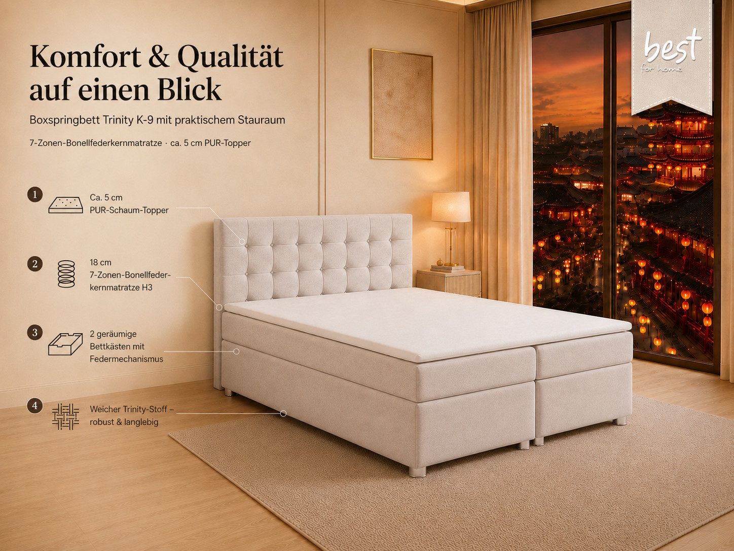 Best for Home Boxspringbett Trinity K-9 mit Stauraum & 7-Zonen Komfort – modern & komfortabel (Komplett-Set, 1-St., 140x200 160x200 180x200 200x200 cm), Handwerksqualität, TOP Preis-Leistungs-Verhältnis