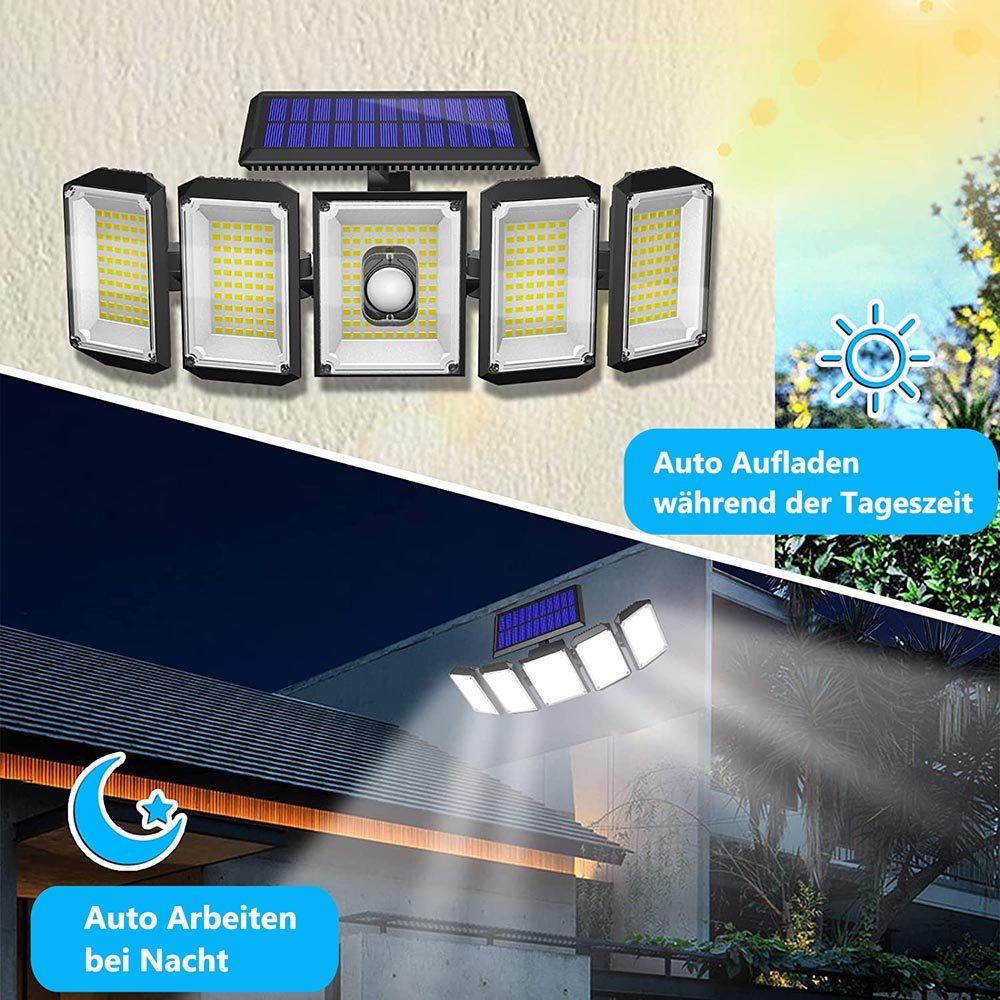 Rosnek LED Außen-Wandleuchte Solar, 5 Außenbereich Hof, Kaltweiß, 3 Bewegungssensor, Garage Köpfe, für Terrasse Fernbedienung, Beleuchtungsmodi