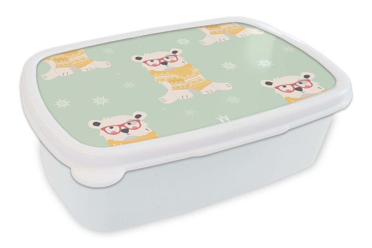 MuchoWow Lunchbox Eisbär - Schnittmuster - Schal, Kunststoff, (2-tlg), Brotbox für Kinder und Erwachsene, Brotdose, für Jungs und Mädchen weiß