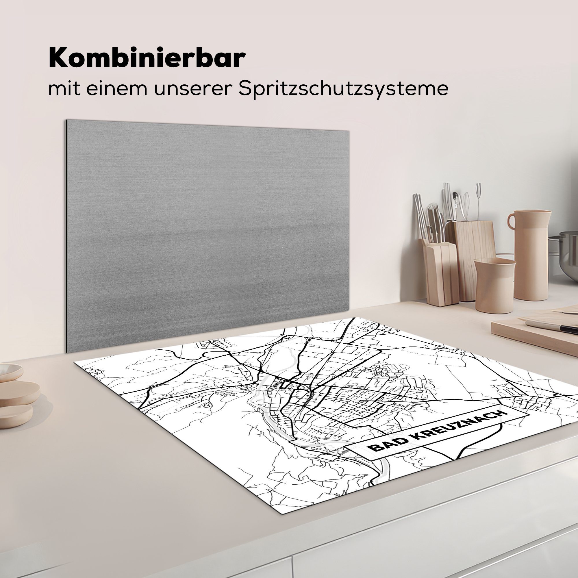 MuchoWow Herdblende-/Abdeckplatte Karte - Bad Stadtplan, tlg), Kreuznach Vinyl, 78x78 (1 küche Arbeitsplatte Ceranfeldabdeckung, - cm, für