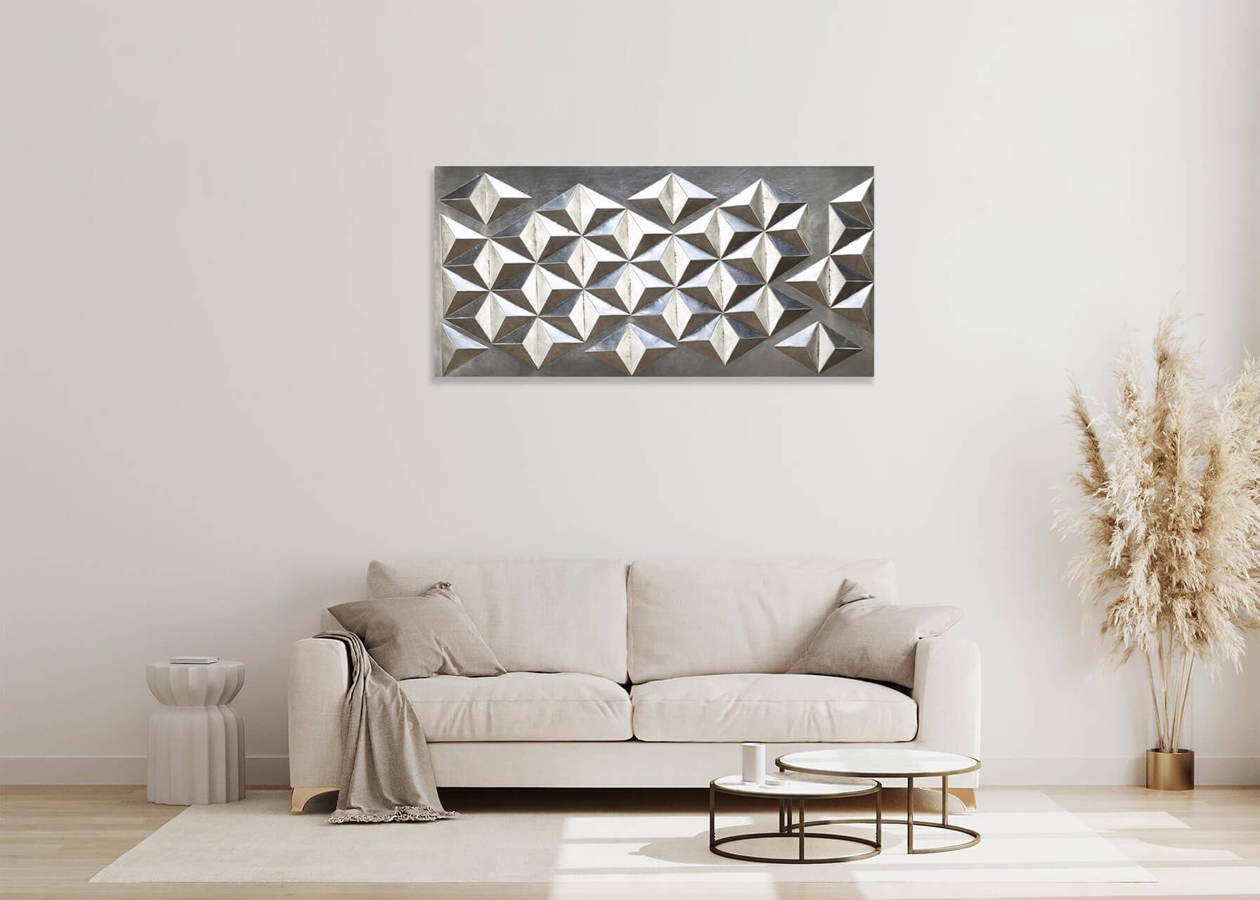 Metallbild Wandrelief Pyramidal 120x60 3D handgefertiges Illusion cm, KUNSTLOFT