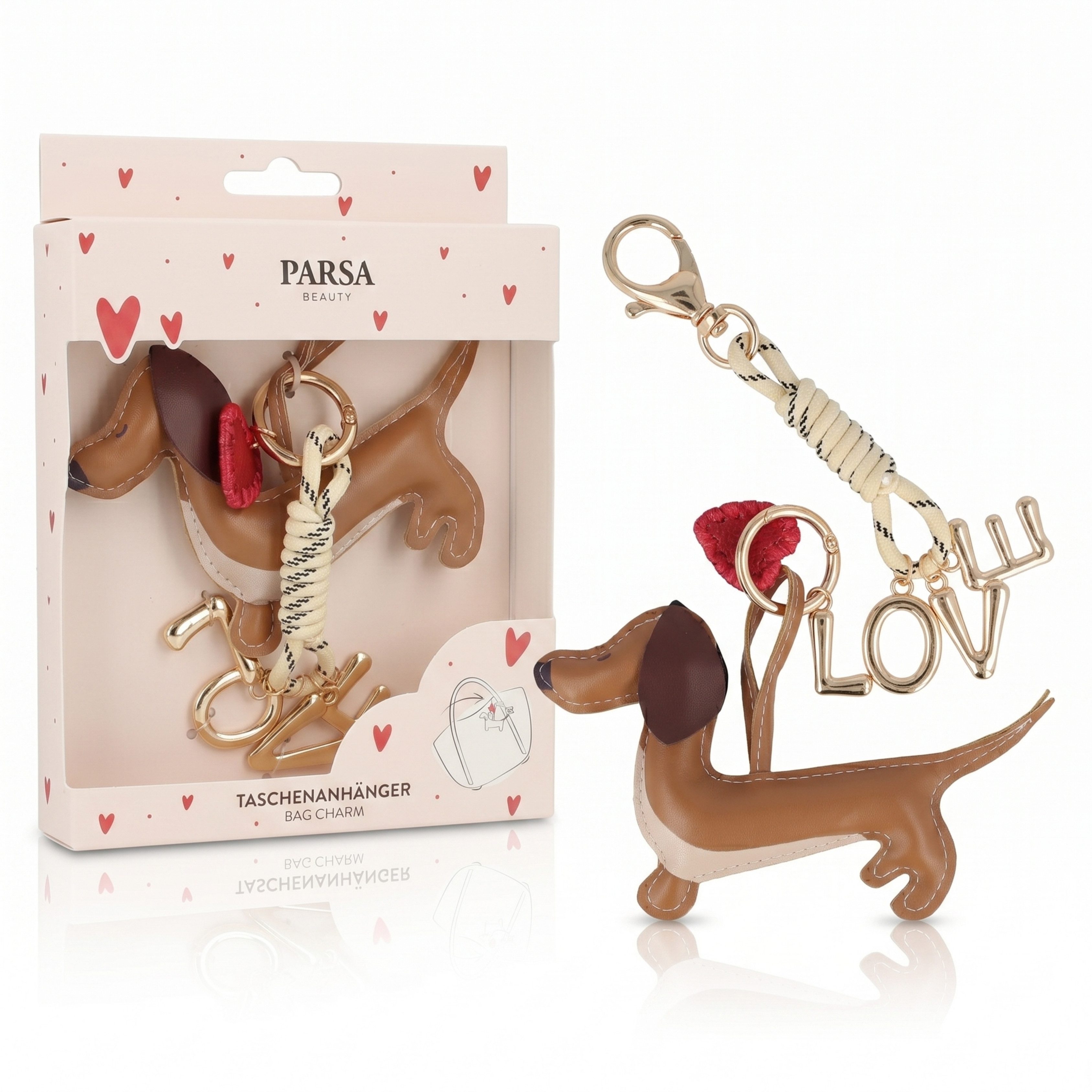PARSA Beauty Taschenanhänger Taschenanhänger Dackel mit Love-Detail, Metall, Geschenkbox