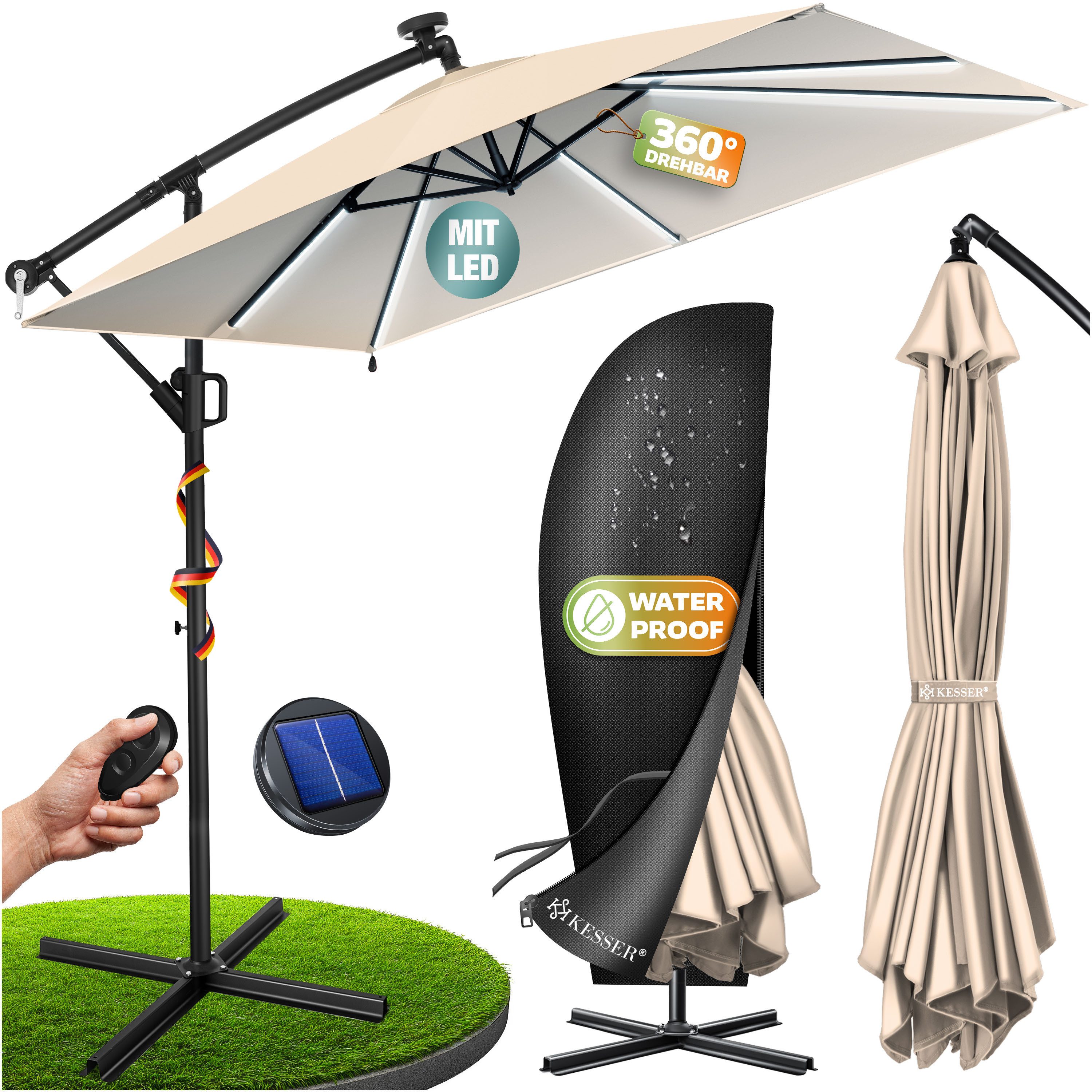 KESSER Ampelschirm, Ø350cm Sonnenschirm inkl. Abdeckung & Wind- & wetterfest