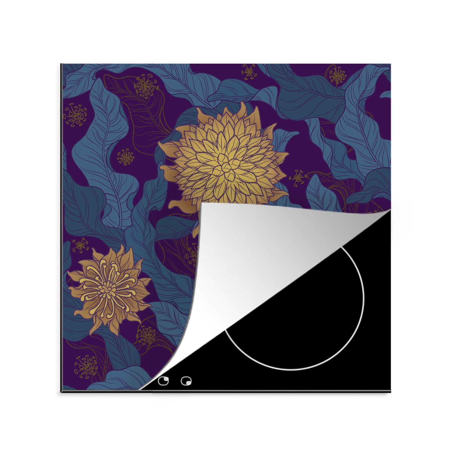 Herdblende-/Abdeckplatte 78x78 küche Lila und (1 cm, für MuchoWow Motiv Vinyl, Ceranfeldabdeckung, tlg), in Gold, Arbeitsplatte Florales