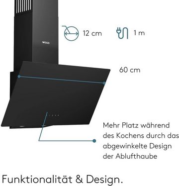 wiggo Kopffreihaube WE-A641G Dunstabzugshaube 60cm kopffrei - 1 Glas schwarz, Abluft Umluft Dunstabzug 650m³/h - Touch-Display - Glasfront