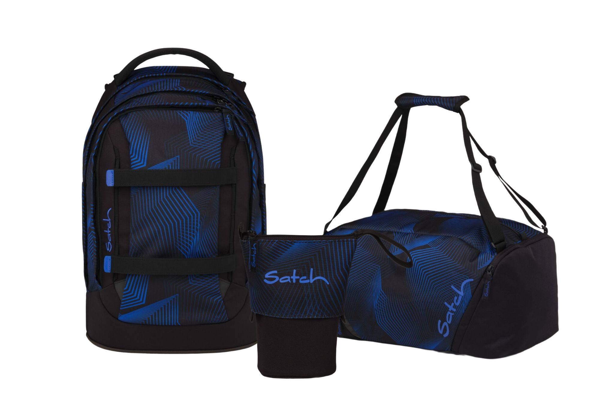 Satch Schulranzen Schulrucksack-Set PACK Seismic Blue 3-teilig (3-teilig), ergonomisch, Your-Size-System, 5 Fächer