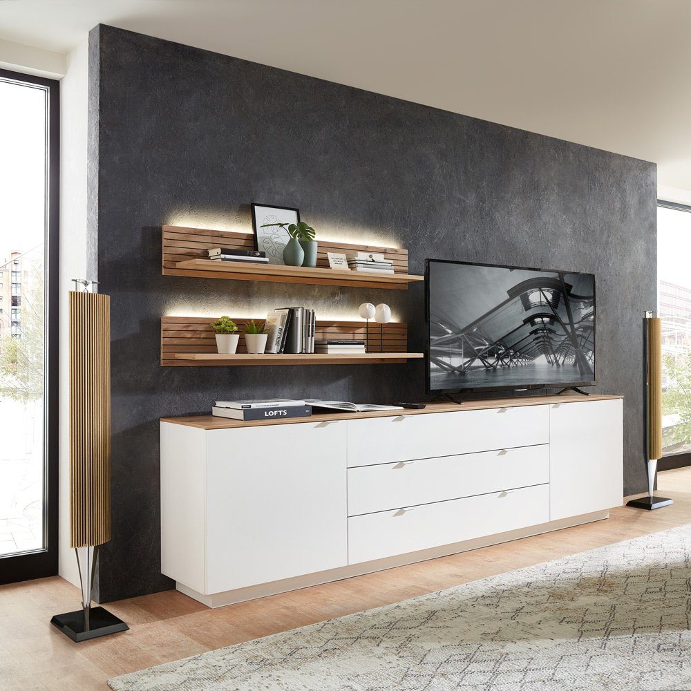 Lomadox Wohnwand CUST-36, (3-St), Set mit 2 Wandboards weiß mit Eiche 240 cm, Wohnwand, Fernsehschrank