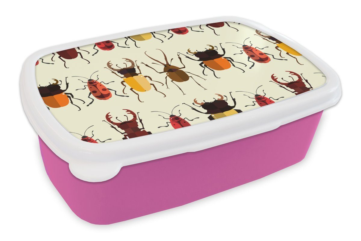 MuchoWow Lunchbox Käfer - Muster - Insekten, Kunststoff, (2-tlg), Brotbox für Erwachsene, Brotdose Kinder, Snackbox, Mädchen, Kunststoff rosa