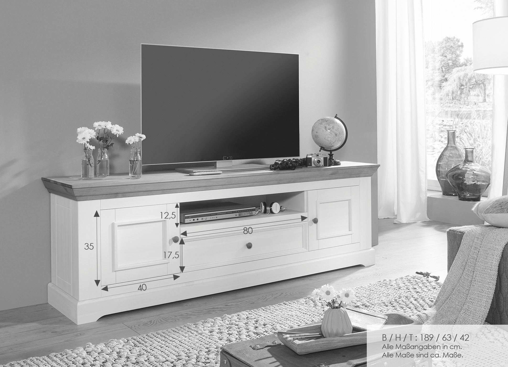 G+K Möbelvertriebs GmbH Lowboard aus Kiefer massiv in weiß mit einer Schublade und 2 Türen (BxHxT: 189x60x42 cm)