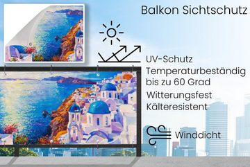 MuchoWow Balkonsichtschutz Malerei - Griechenland - Wasser - Öl (1-St) Balkonbanner, Sichtschutz für den Balkon, Robustes und wetterfest