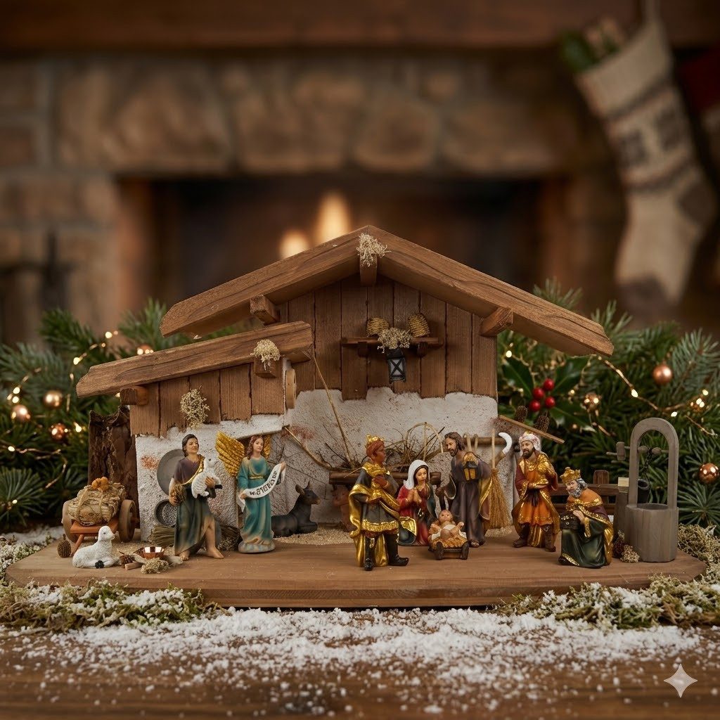 Krippenursel Krippe Weihnachtskrippe Hartmannshof inkl. 11-tlg. Figurensatz K 604, (1-tlg), Handarbeit aus Holz und Naturmaterialien inklusive Figurensatz