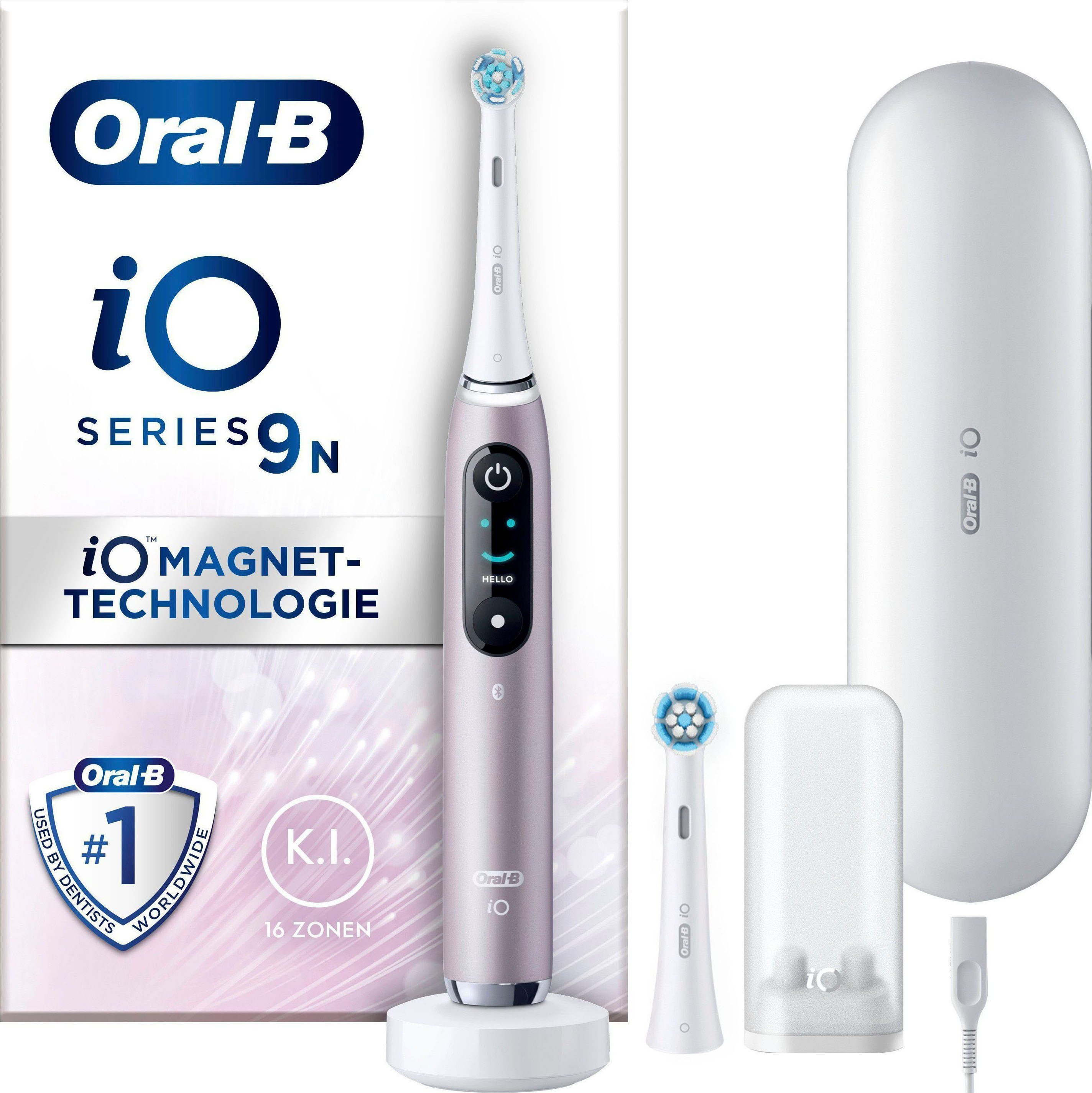 Oral-B Elektrische Zahnbürste iO 9, Aufsteckbürsten: 2 St., mit Magnet-Technologie, 7 Putzmodi, Farbdisplay & Lade-Reiseetui Rose Quartz