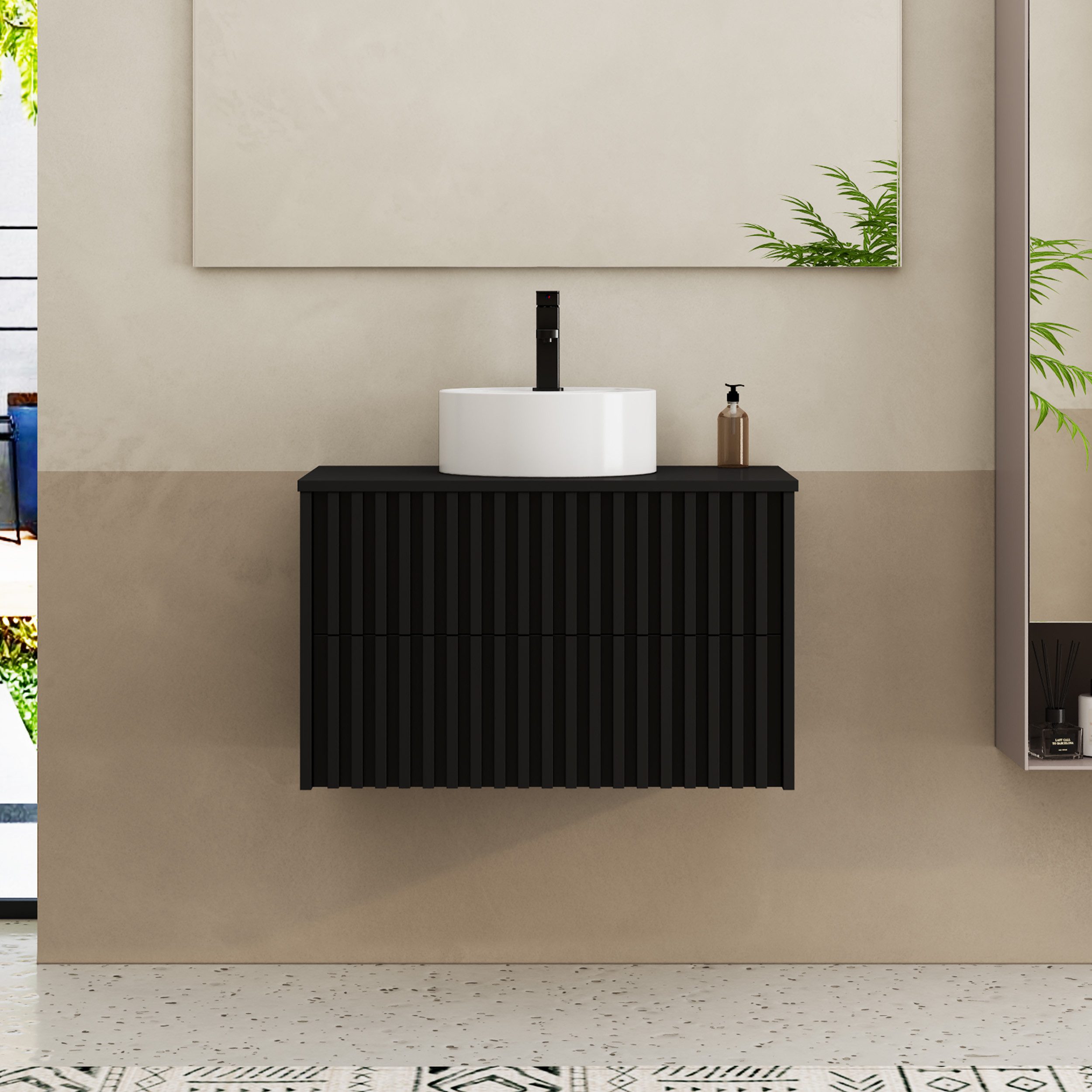 UEV Waschtisch mit Unterschrank hängend Rundes Keramikwaschbecken (Komplett-Set Badmöbel, Badezimmmer Schrank, mit Wasserhahn und Pop-up-Ablassventil Aufsatz-Waschbecken), Soft-close Schubladen,Waschbeckenunterschrank mit 2 Schubladen