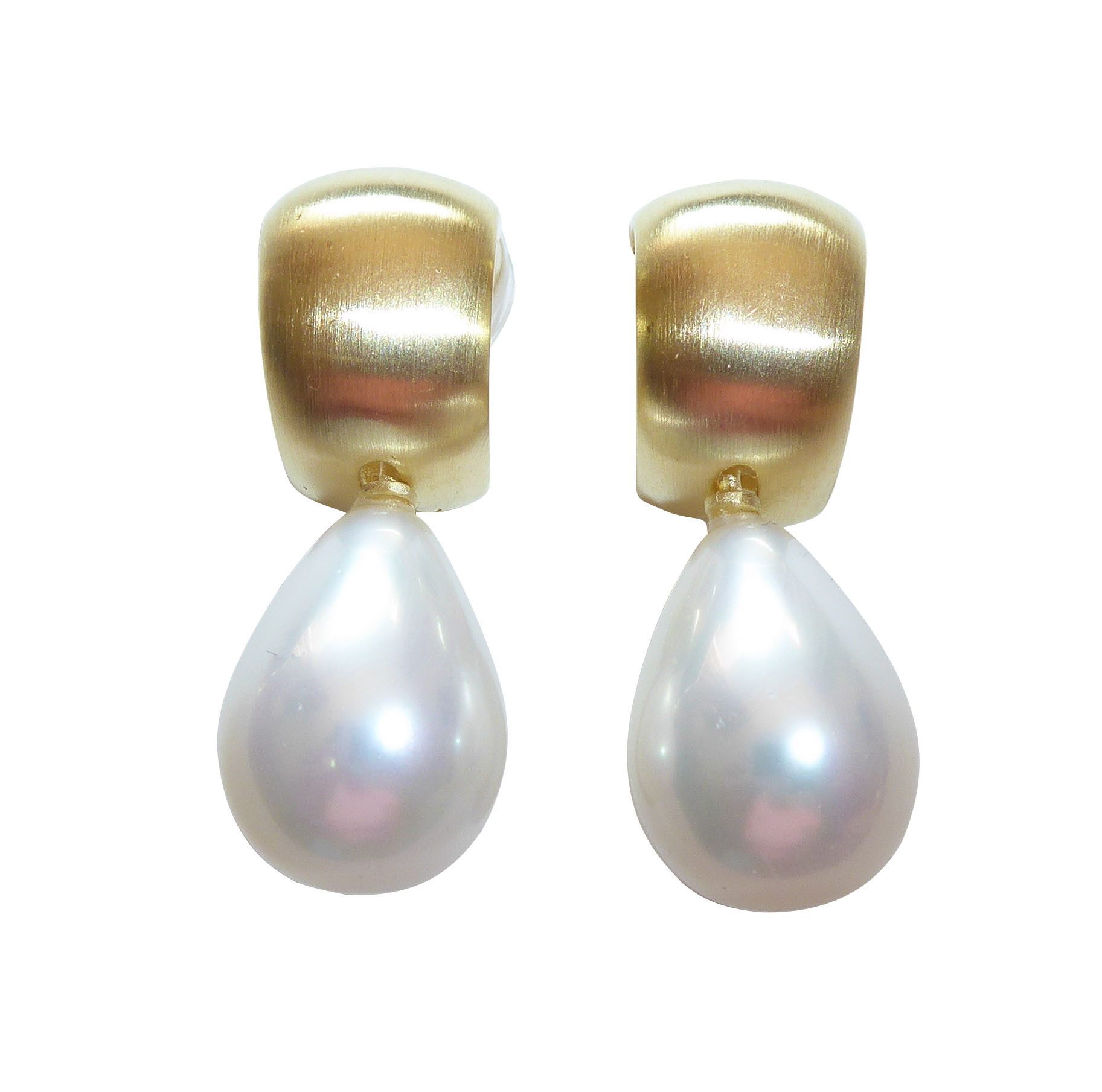 Mugello Paar Ohrclips Goccia Muschelkern Clips Creole weiß gold-platt. hochwertig, Perlenschmuck für Frauen, Creole Goldschmiedearbeit aus Deutschland