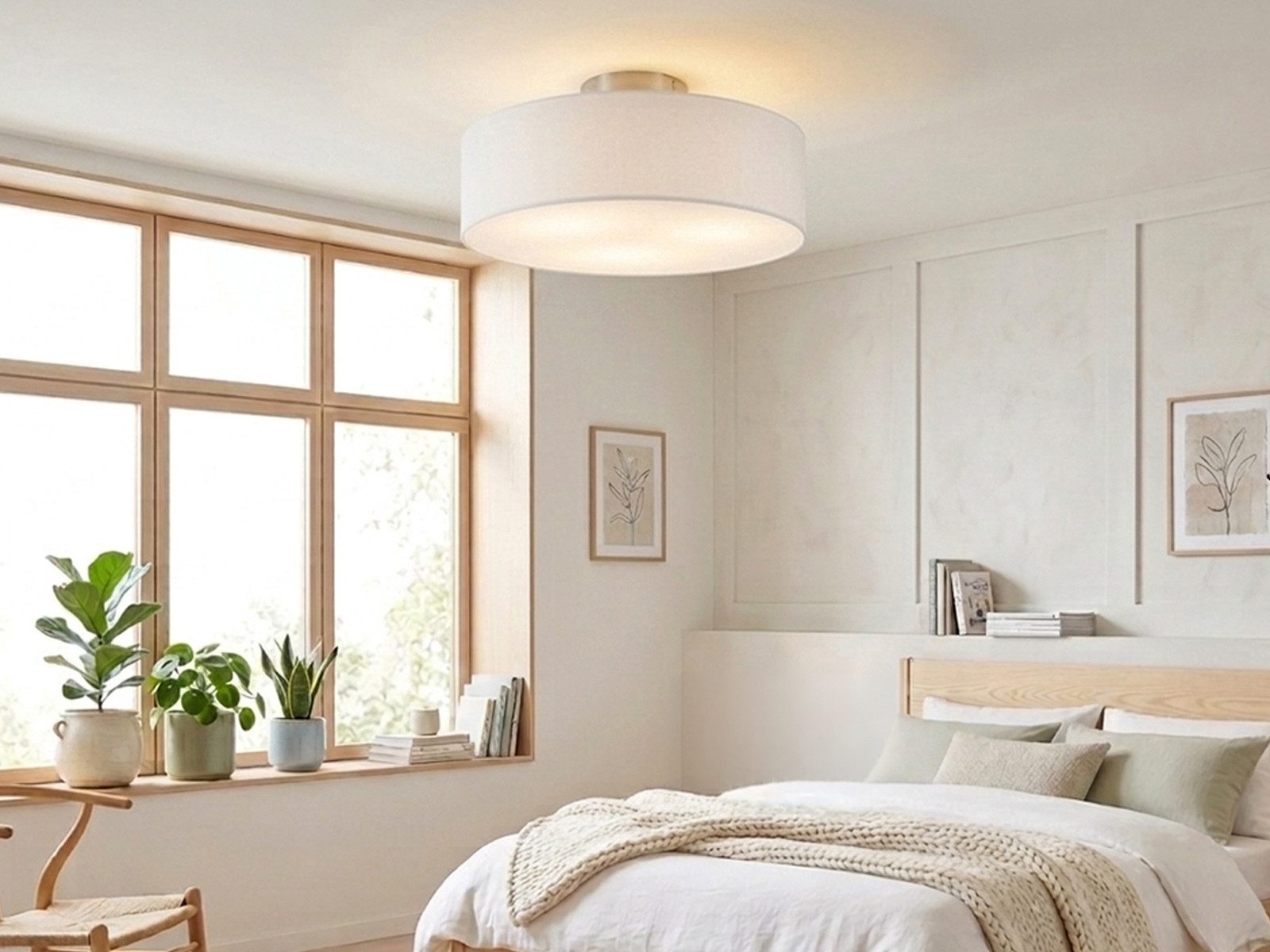 meineWunschleuchte Deckenleuchte mit Stoff Lampenschirm Weiß Ø 40cm, ohne Leuchtmittel, Stoff-Lampe, gemütliche Deckenlampe, E14 Schlafzimmerlampe rund