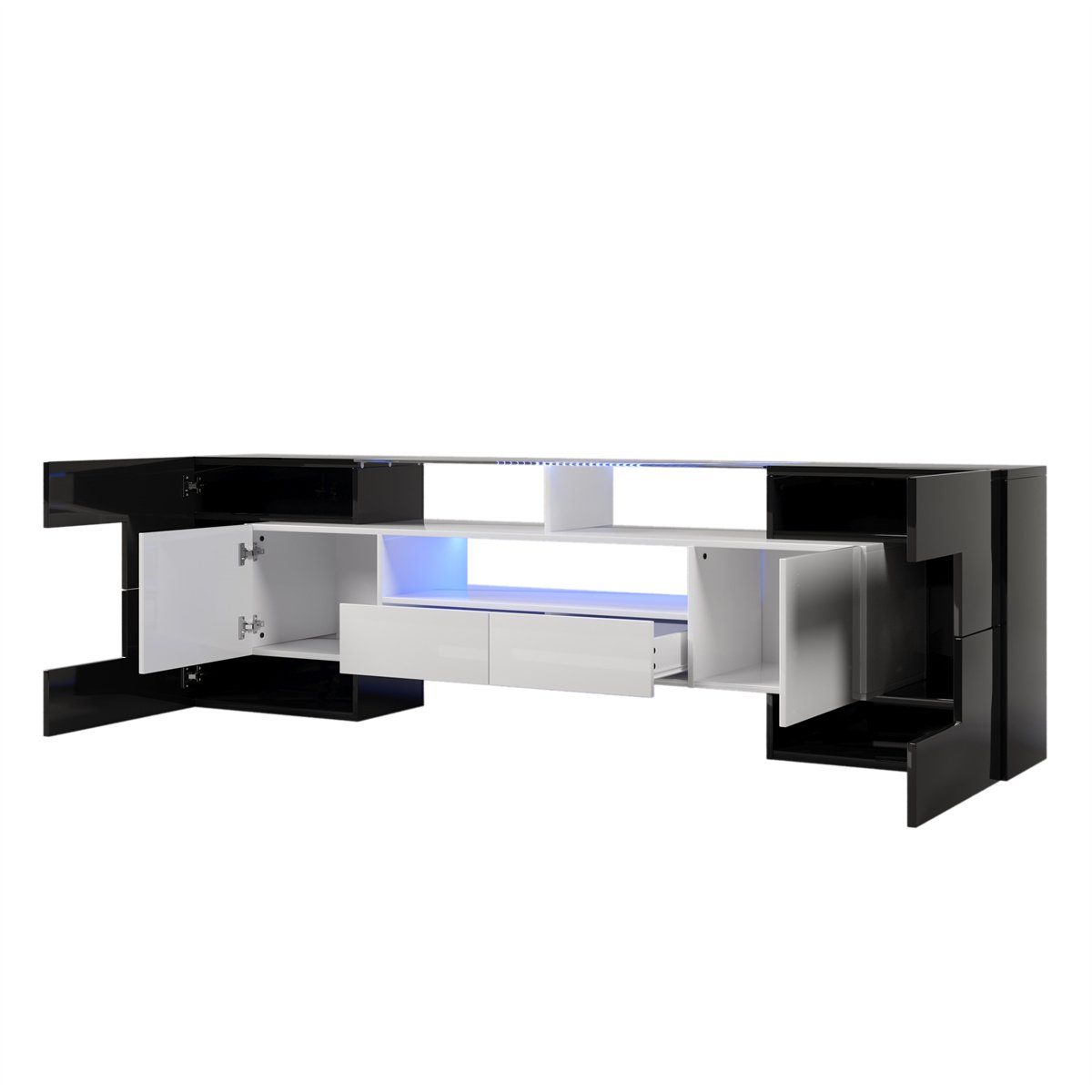 LED Lowboard,TV LED-Beleuchtung sechs drei Schwarz mit TV Schubladen TV-Schränke Türen, mit Fächern zwei und Halterung(200*30*61cm) autolock TV-Schrank