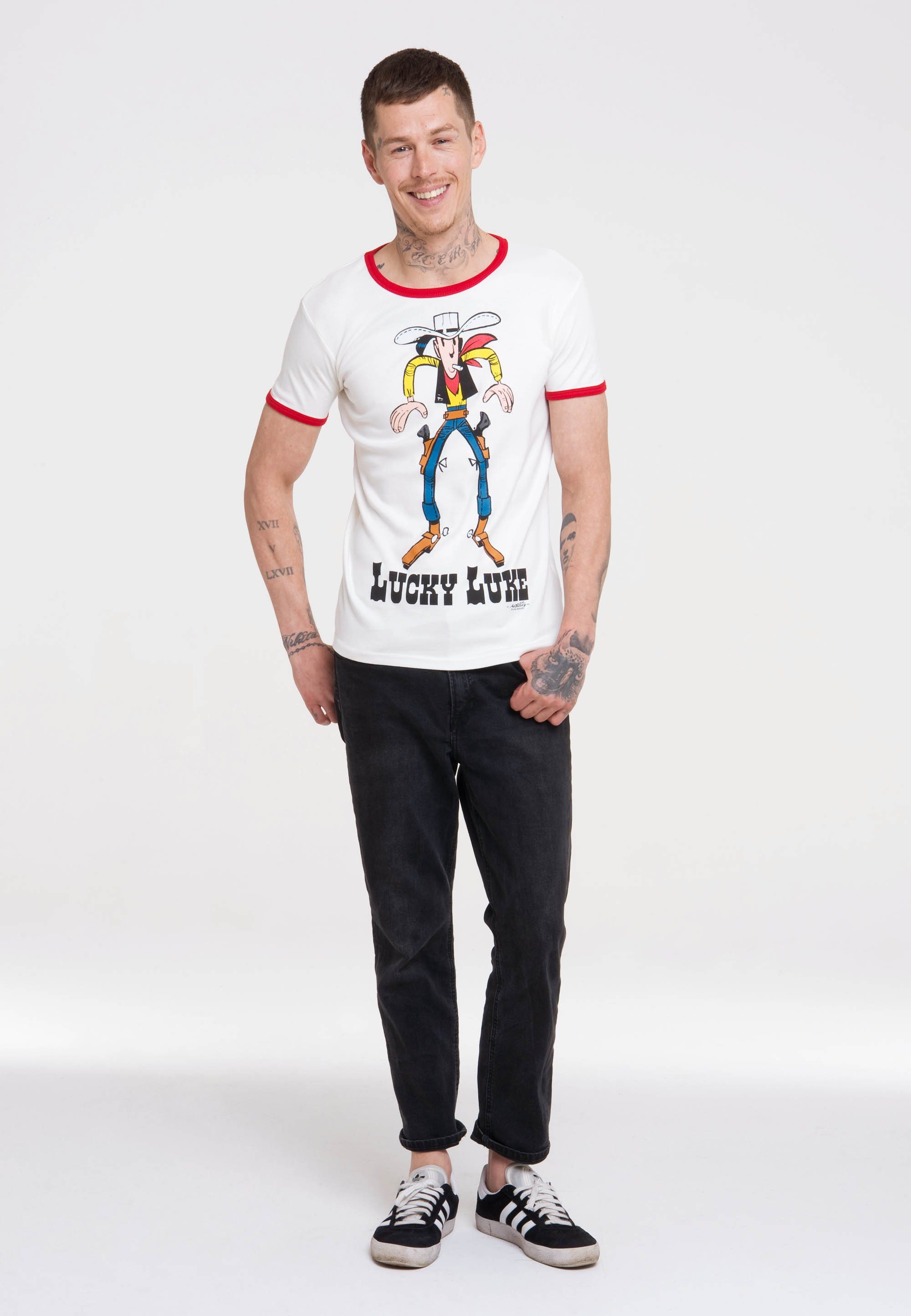 LOGOSHIRT T-Shirt Lucky Luke mit weiß farblich Bündchen abgesetzten