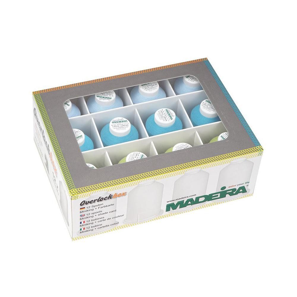 Madeira Aerolock + Aeroflock Overlockbox 12 Konen grün/türkis/hellblau Stickgarn