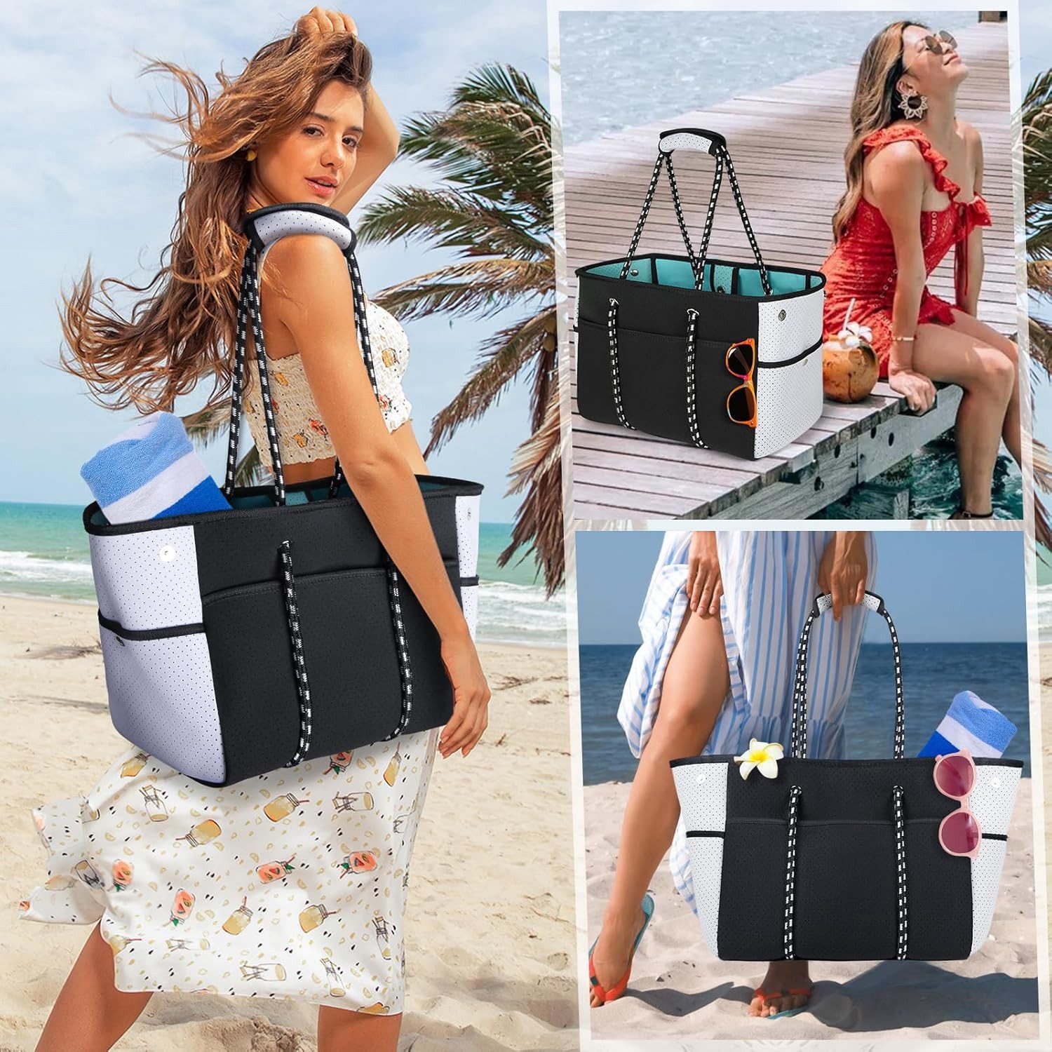 RAINSMORE XL-Strandtasche Strandtasche XXL 30L Neopren Badetasche Damen Mehrzweck Pool (Strandtasche 30L multifunktional Badetasche Damen Reise Shopper, 30L Strandtasche inkl. Organizerfächer für Damen Strand), Abnehmbares Bodenbrett Schnell trocknend