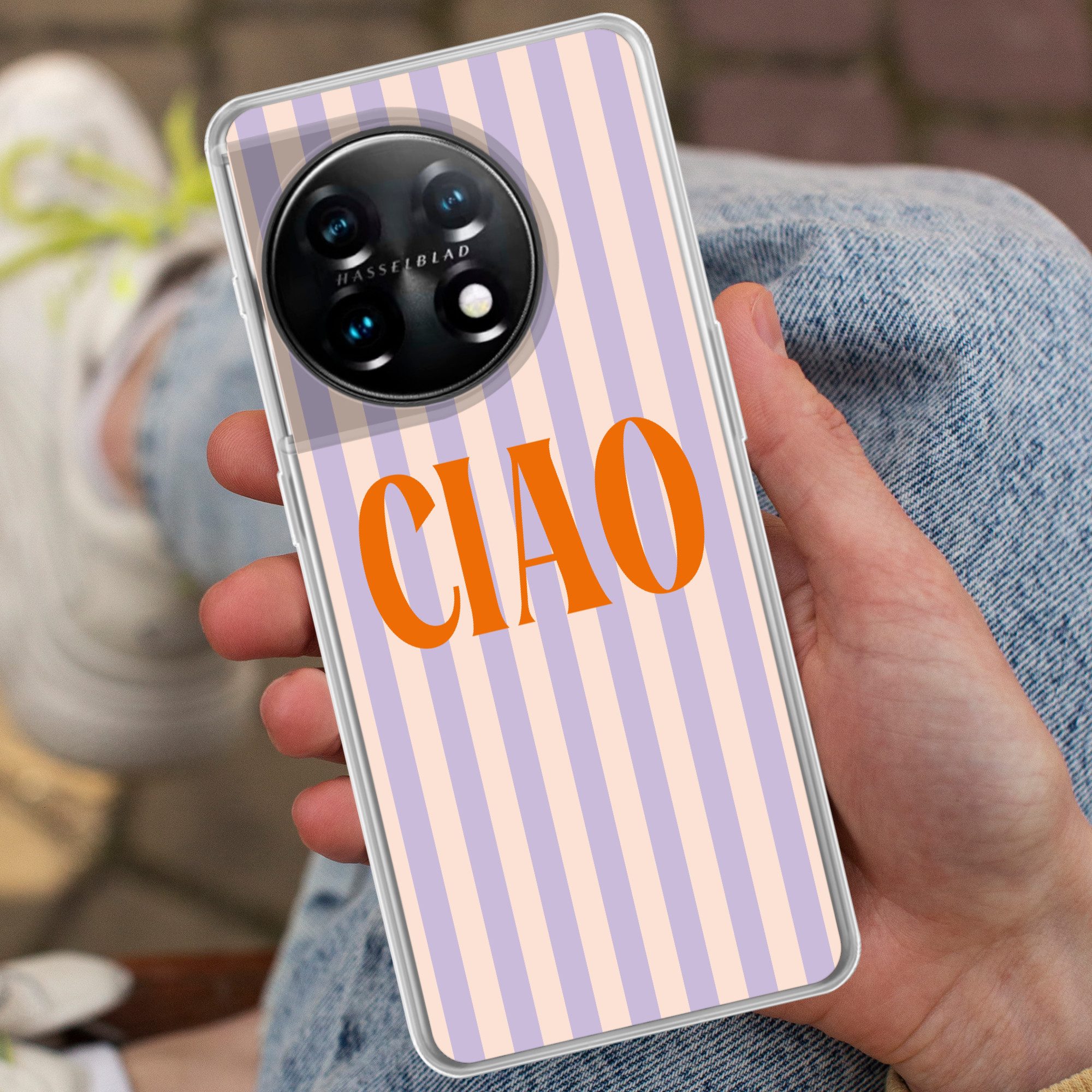MuchoWow Handyhülle für OnePlus 11 Ciao - Zitat - Pastell - Streifen, Handy Case, Silikon, Bumper Case Dünn