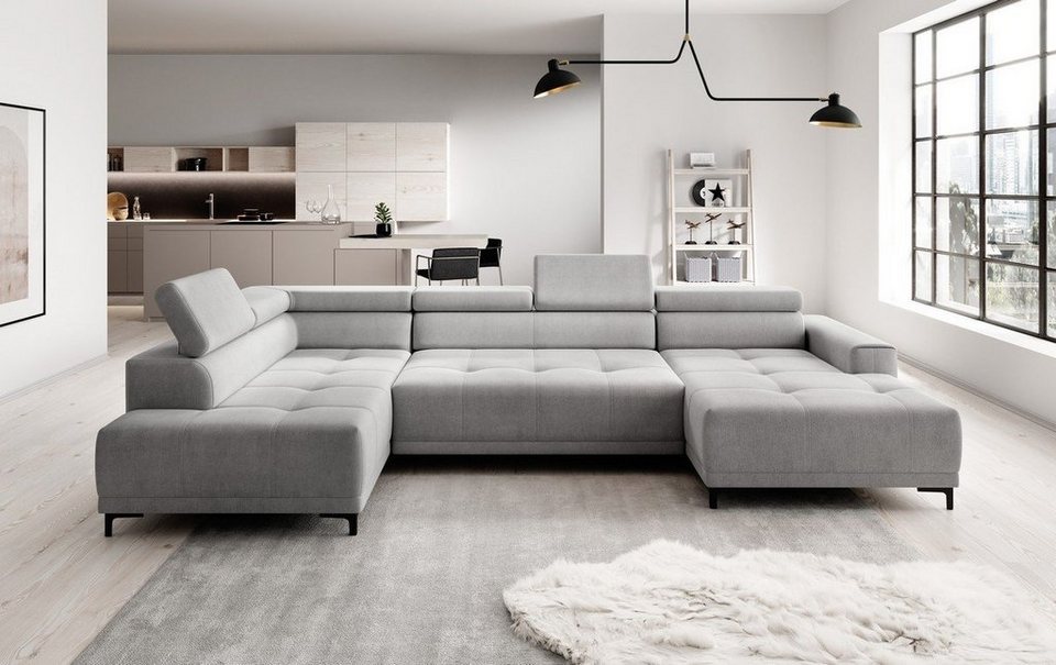 Sofa Dreams Wohnlandschaft Hugo XL grau, verstellbaren Kopfstützen,  Sitztiefe (mittig) und Armlehnen