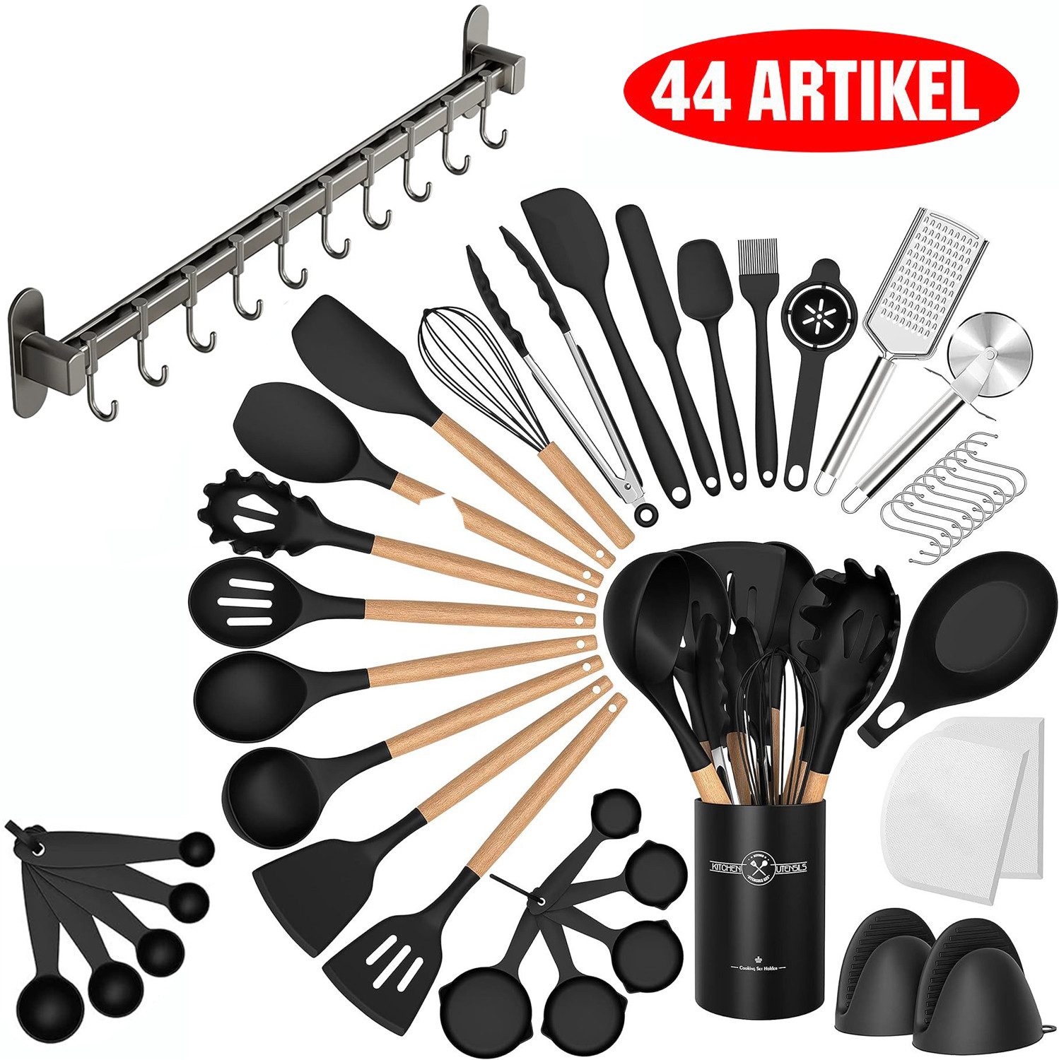 Rhein Beleuchtung Kochbesteck-Set Silikon-Kochgeschirr mit schwarzem Holzgriff, küchenutensilien (44-tlg., Mit 60 cm langer, bohrfreier 10-Haken-Schiene), Sicher und umweltfreundlich, geeignet für antihaftbeschichtete Pfannen