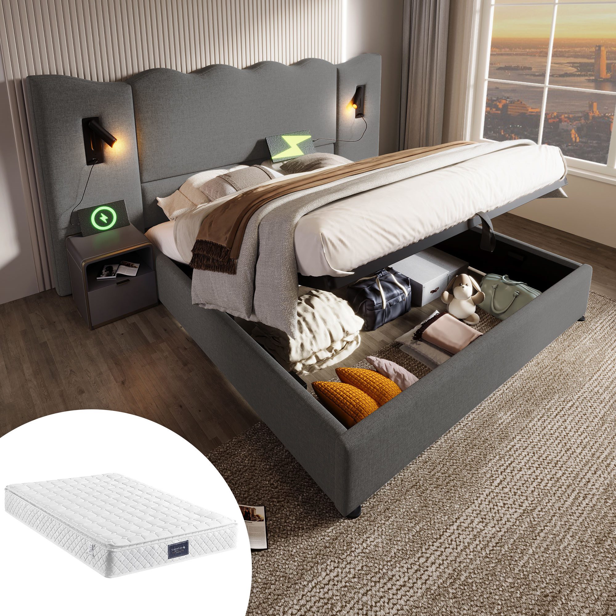 Ulife Polsterbett Hydraulisches Funktionsbett Struraumbett Doppelbett günstig online kaufen