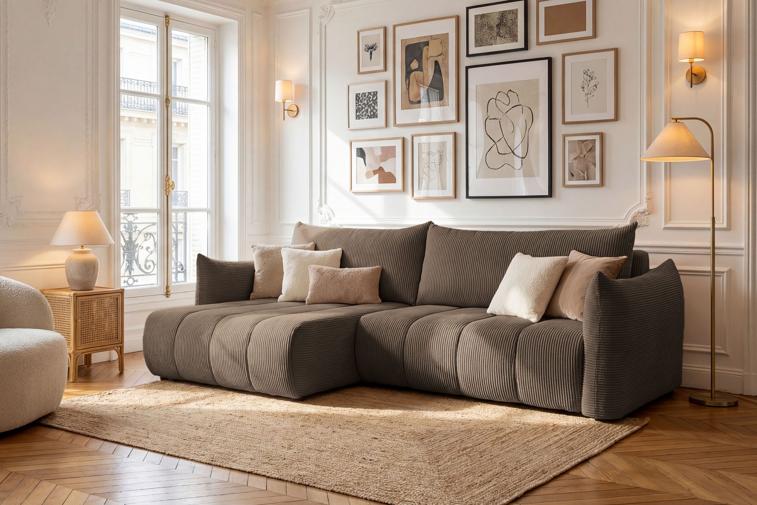 WFL GROUP Ecksofa Liv mit Schlaffunktion & Stauraum, Links oder Rechts Montierbar, MADE IN EU, Schlaffläche 220 x 145 cm, Universell 4-Sitzer in L-Form mit Rückenkissen in Cordstoff Chenille