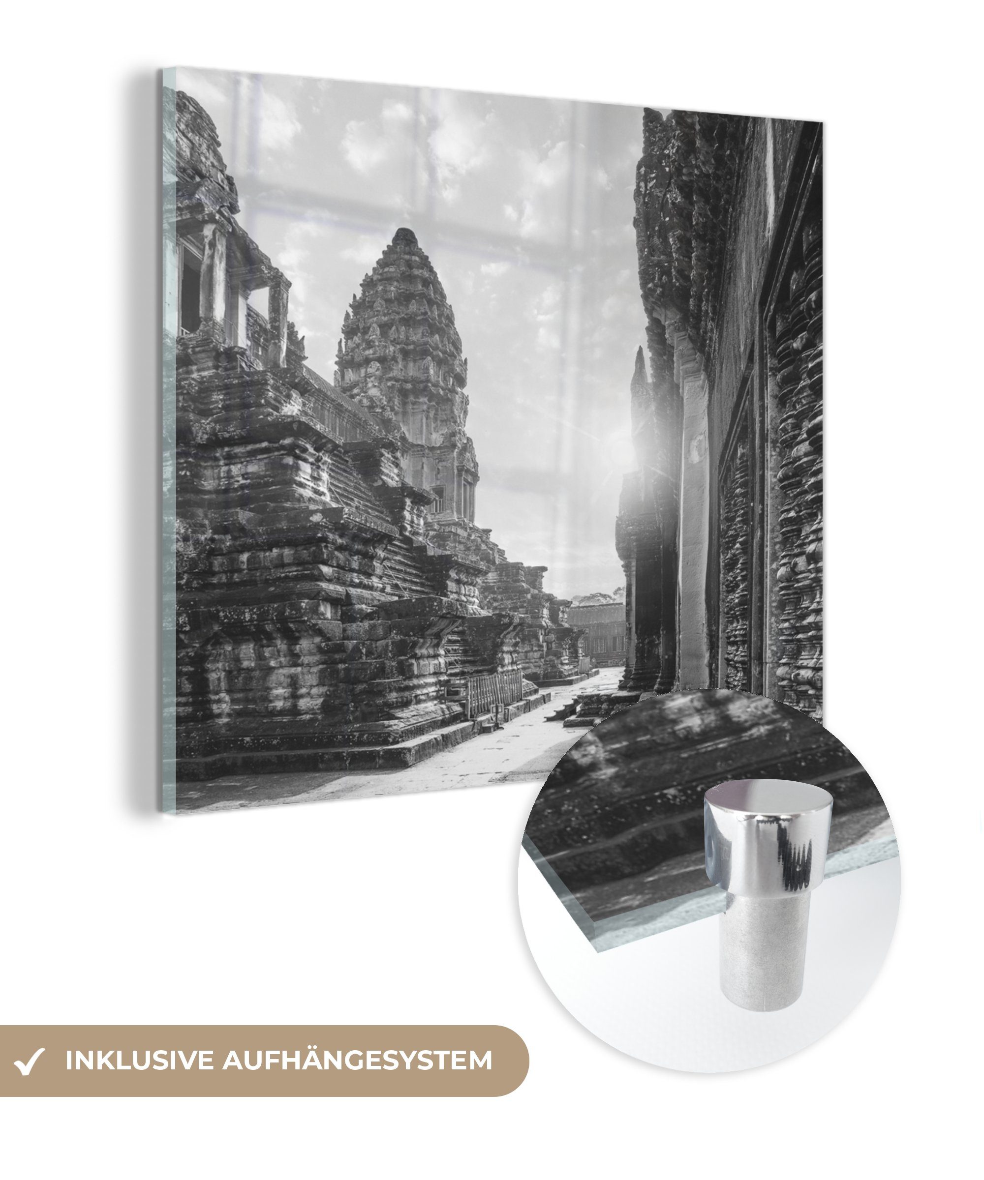 MuchoWow Acrylglasbild Sonnenuntergang in Angkor Wat in schwarz-weiß, (1 St), Glasbilder - Bilder auf Glas Wandbild - Foto auf Glas - Wanddekoration