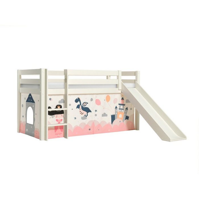 Natur24 Kinderbett Halbhohes Bett Pino mit Rutsche und Textilset Drache Kiefer Weiß lackiert
