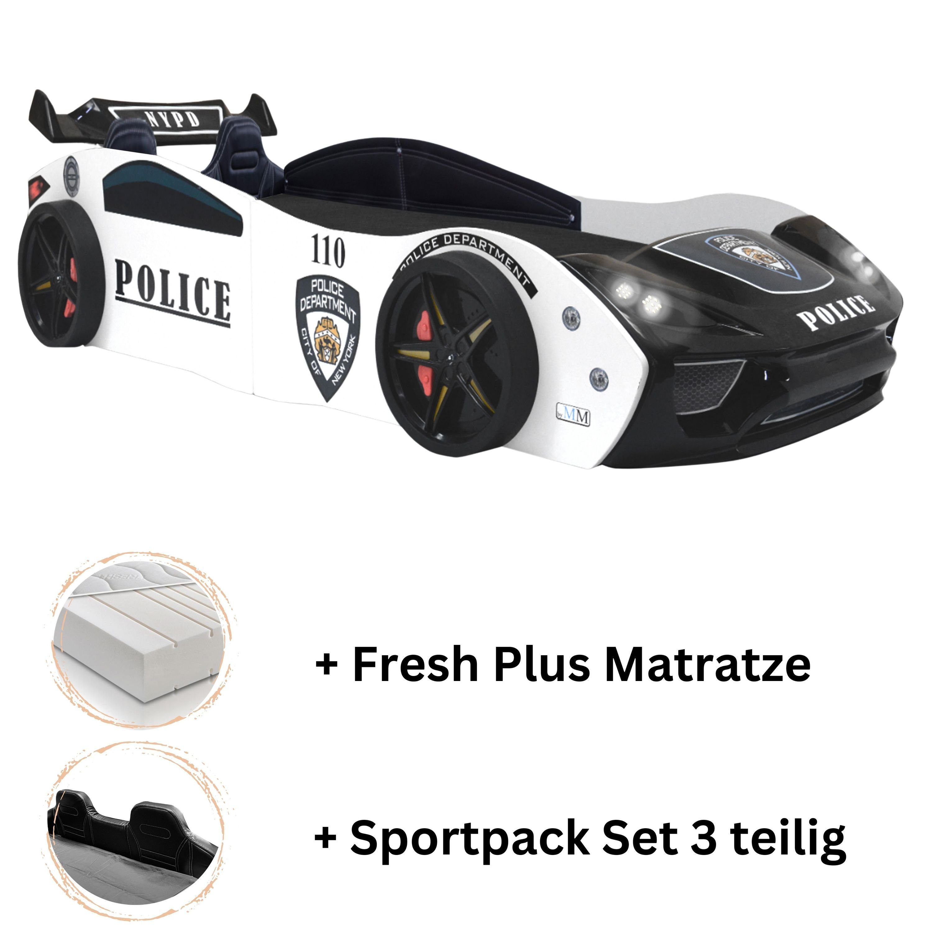 Aileenstore Autobett Police (inkl. Sportsitze, Lattenrost, Heckspoiler und LED Licht), Kinderbett 90 x 200 cm, Spielbett als Polizeiauto Rennwagenbett